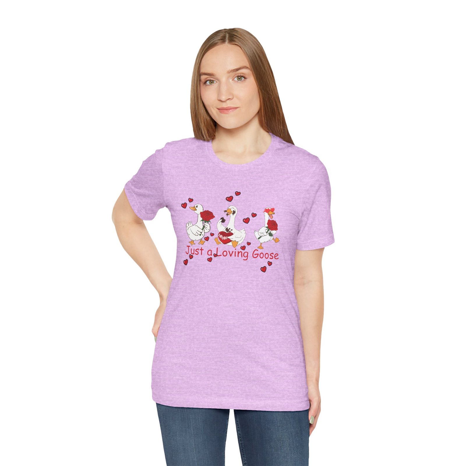 Just a Loving Goose Tee | Cute Goose Trio with Roses & Hearts - Image 69
