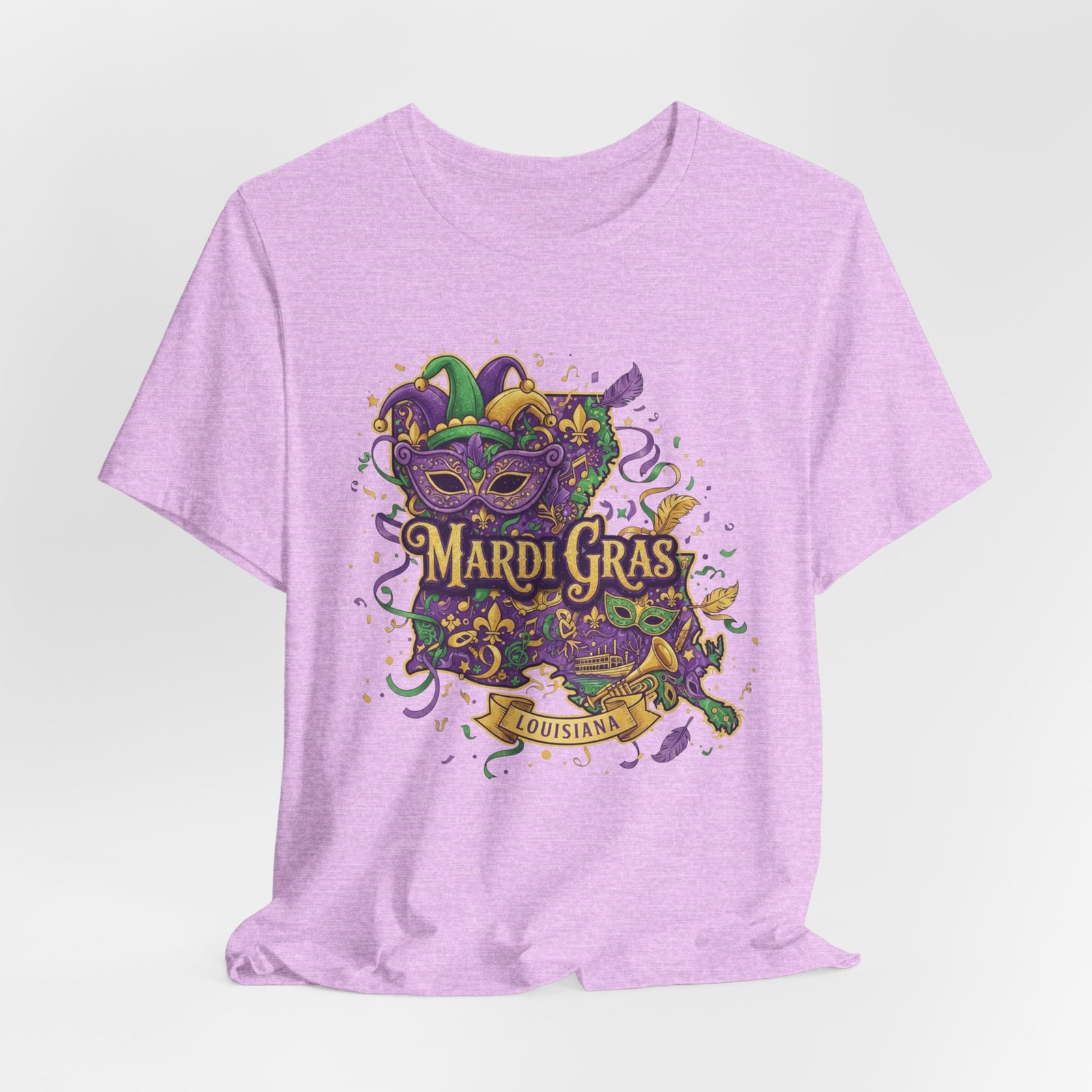Louisiana Mardi Gras State Silhouette T-Shirt | Purple Green Gold - Image 202