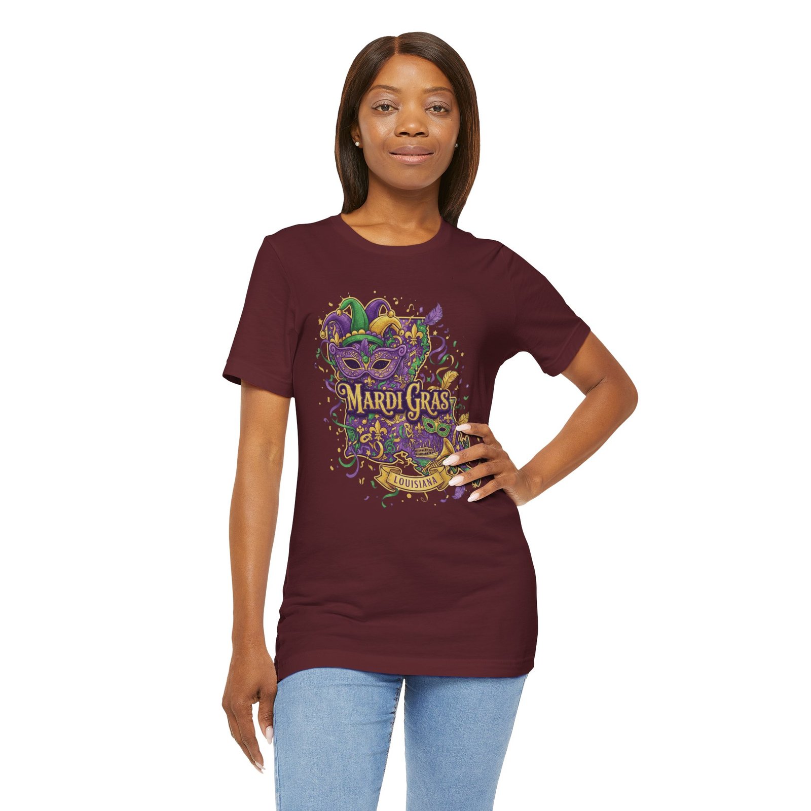 Louisiana Mardi Gras State Silhouette T-Shirt | Purple Green Gold - Image 216