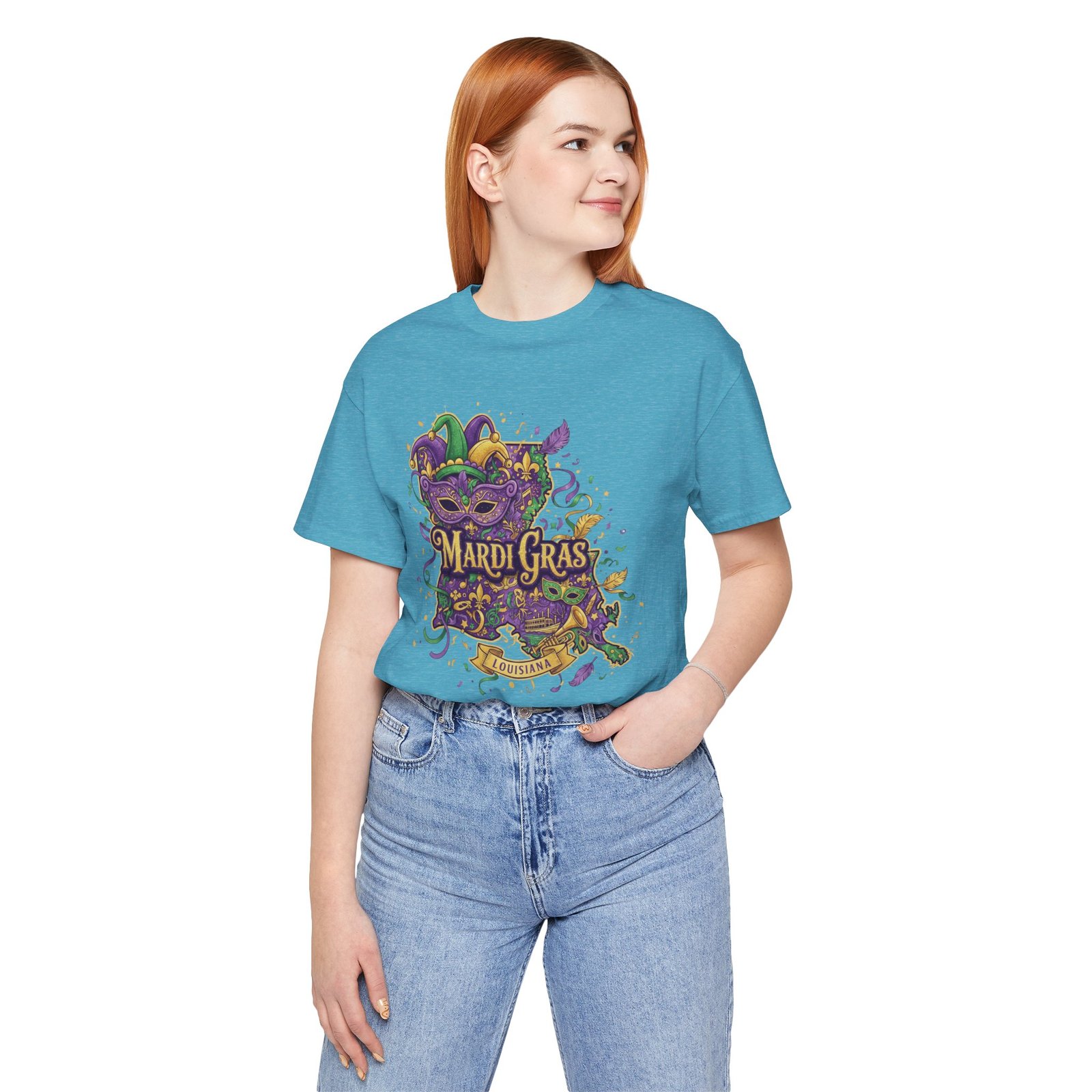Louisiana Mardi Gras State Silhouette T-Shirt | Purple Green Gold - Image 173