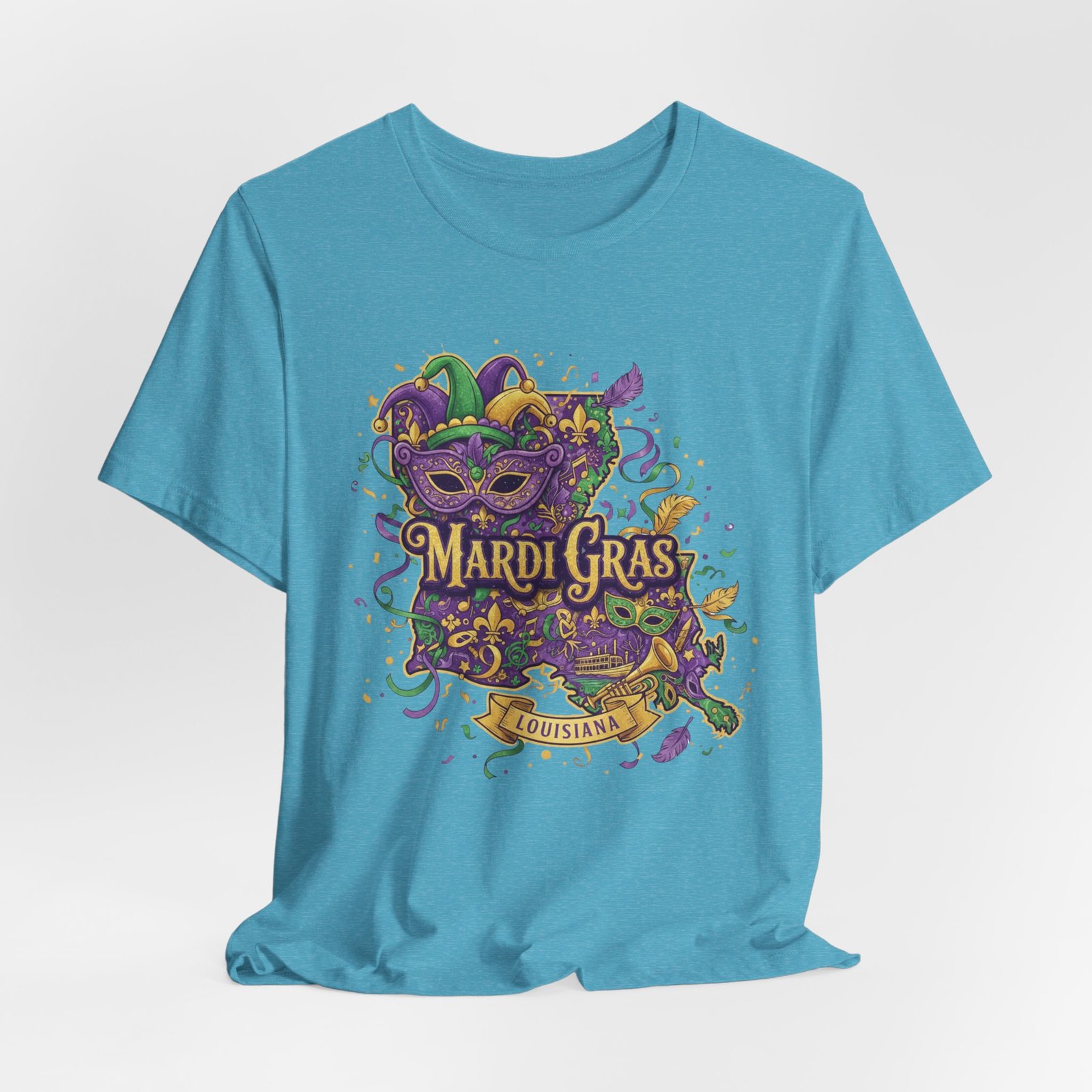Louisiana Mardi Gras State Silhouette T-Shirt | Purple Green Gold - Image 169