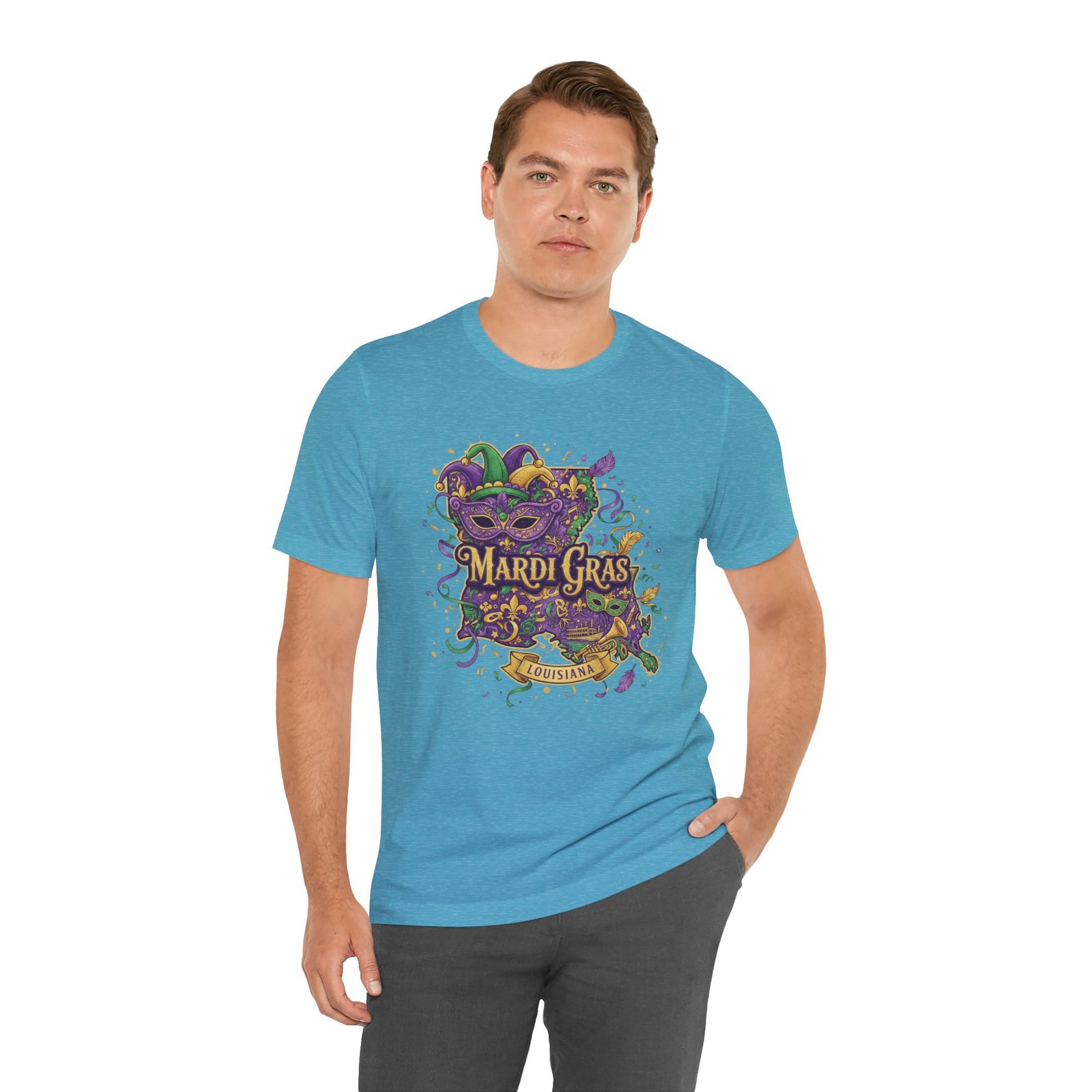 Louisiana Mardi Gras State Silhouette T-Shirt | Purple Green Gold - Image 175