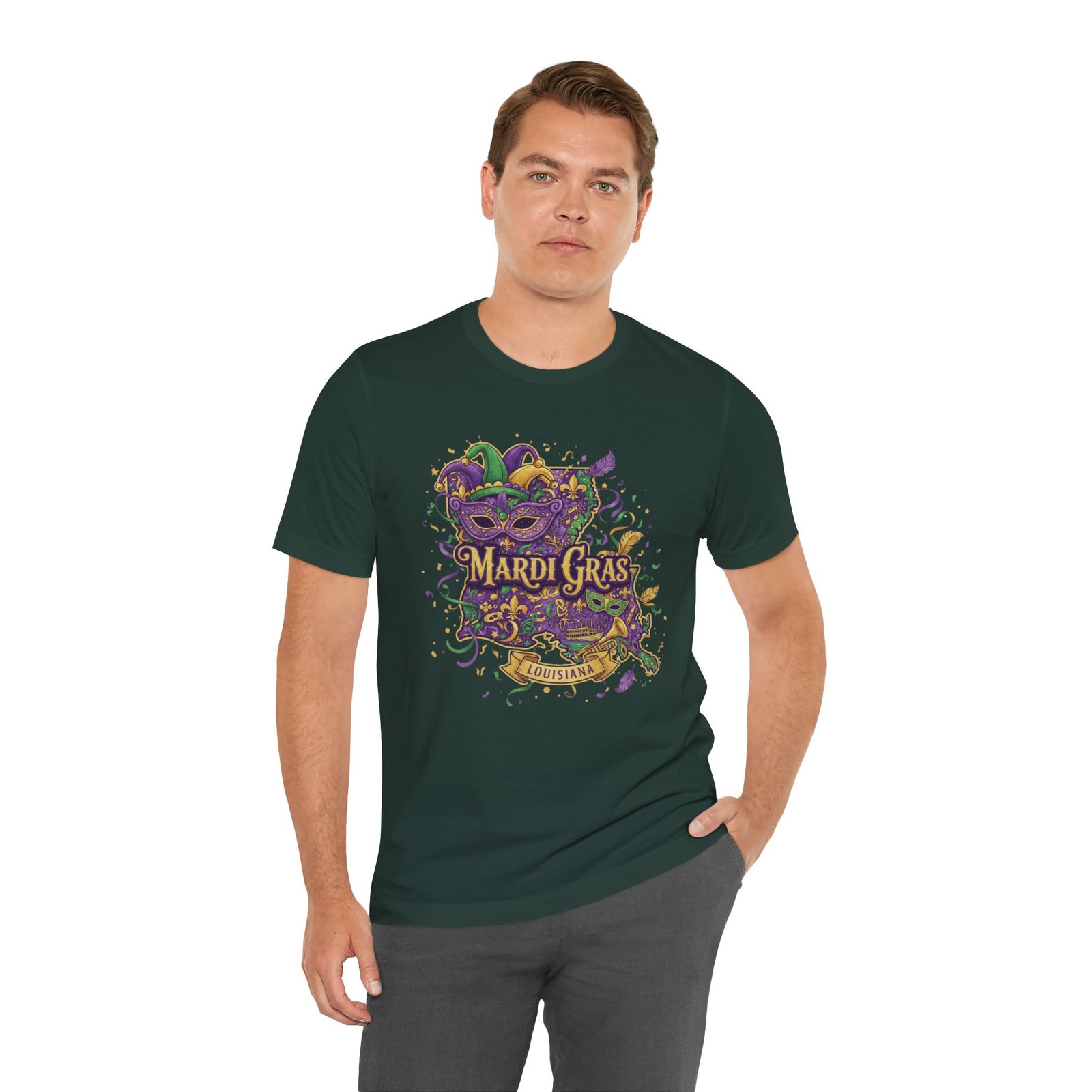 Louisiana Mardi Gras State Silhouette T-Shirt | Purple Green Gold - Image 98