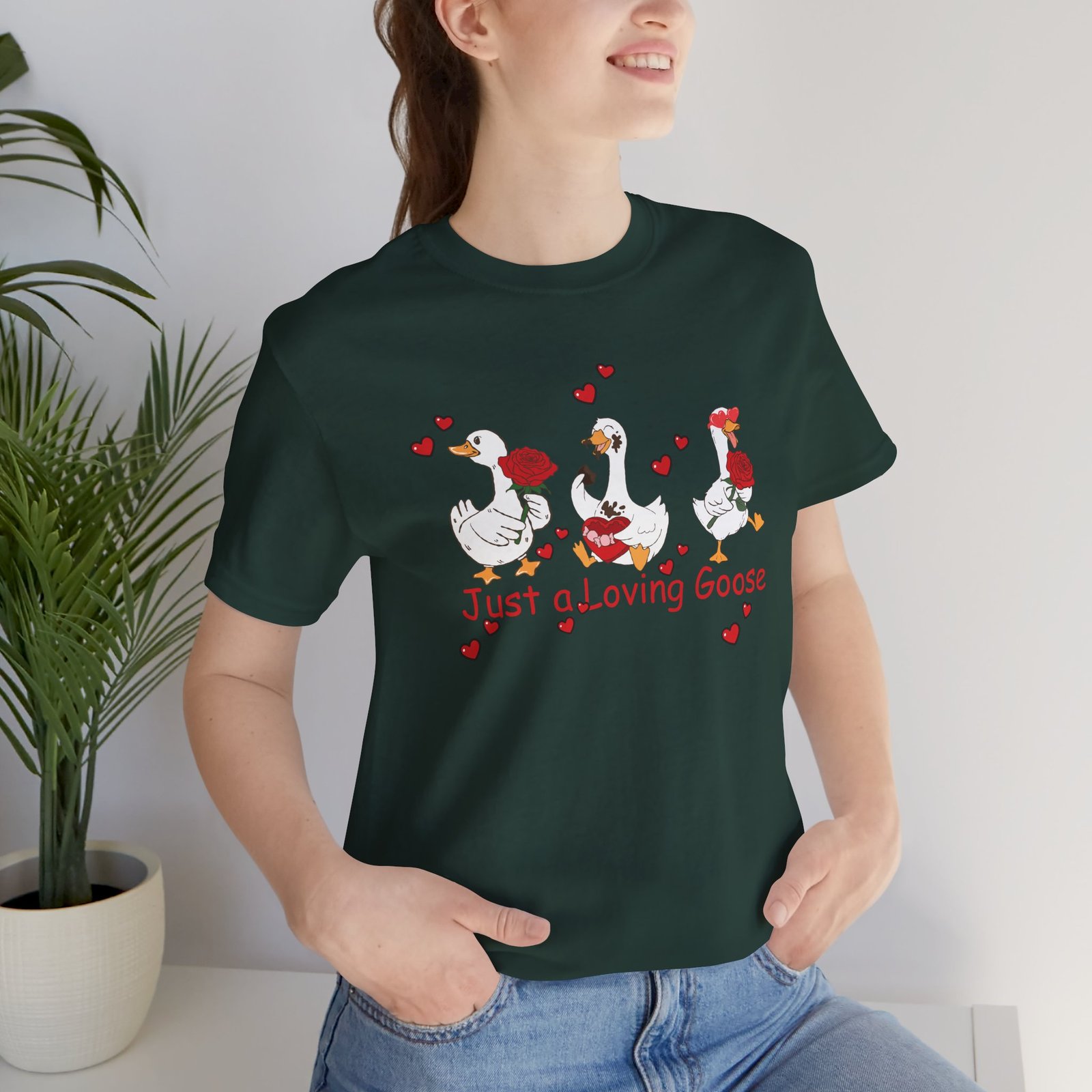 Just a Loving Goose Tee | Cute Goose Trio with Roses & Hearts - Image 39