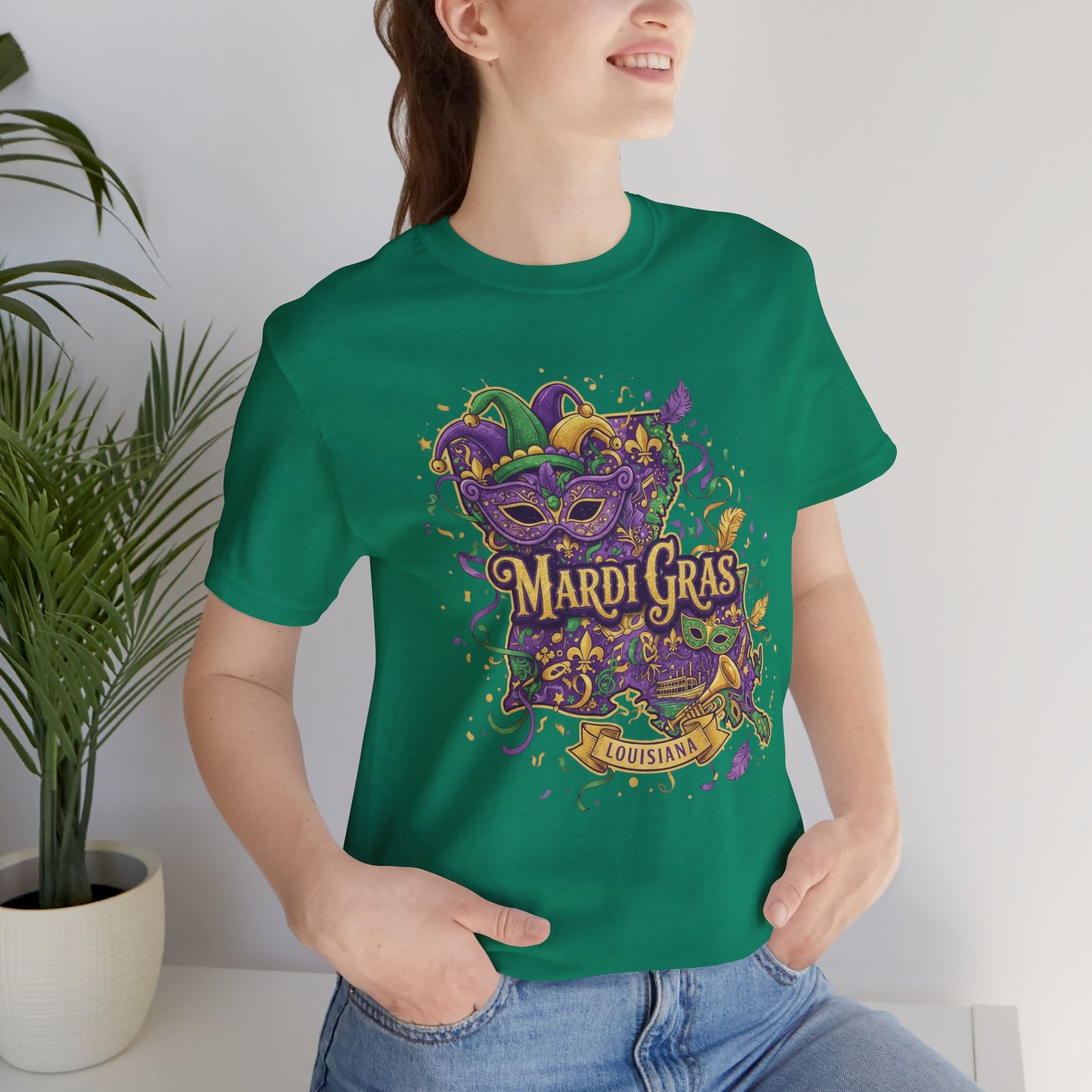 Louisiana Mardi Gras State Silhouette T-Shirt | Purple Green Gold - Image 83