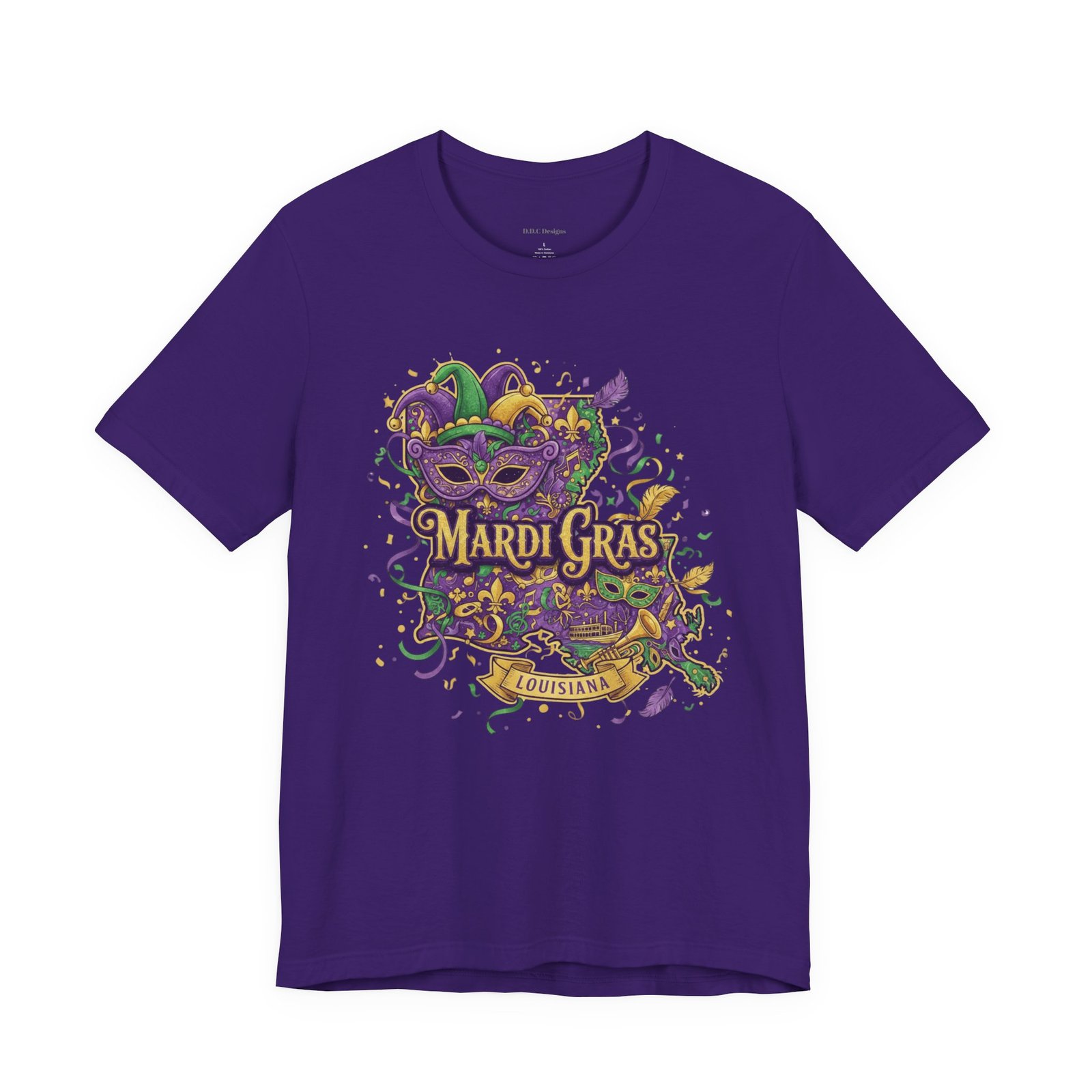 Louisiana Mardi Gras State Silhouette T-Shirt | Purple Green Gold - Image 188
