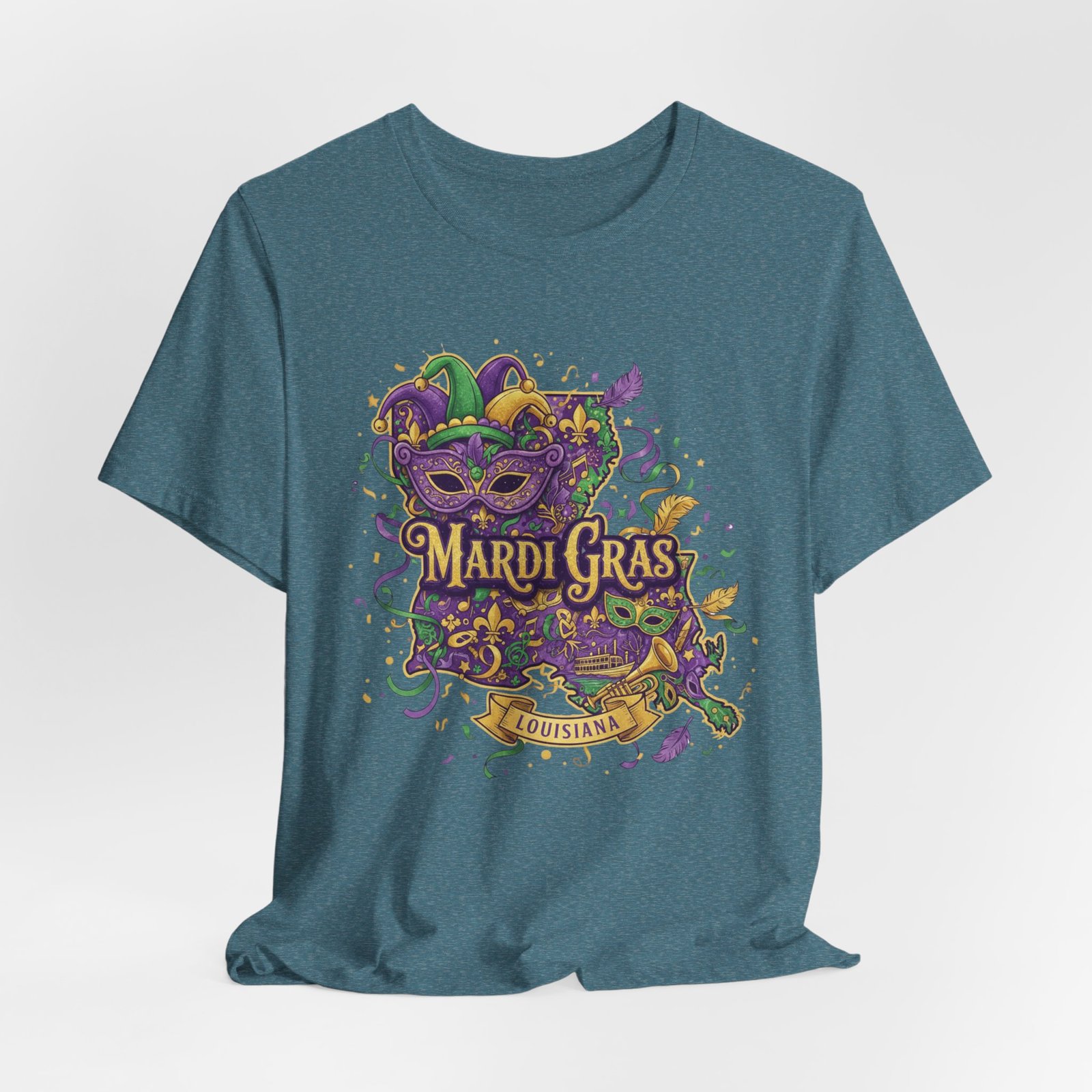 Louisiana Mardi Gras State Silhouette T-Shirt | Purple Green Gold - Image 147
