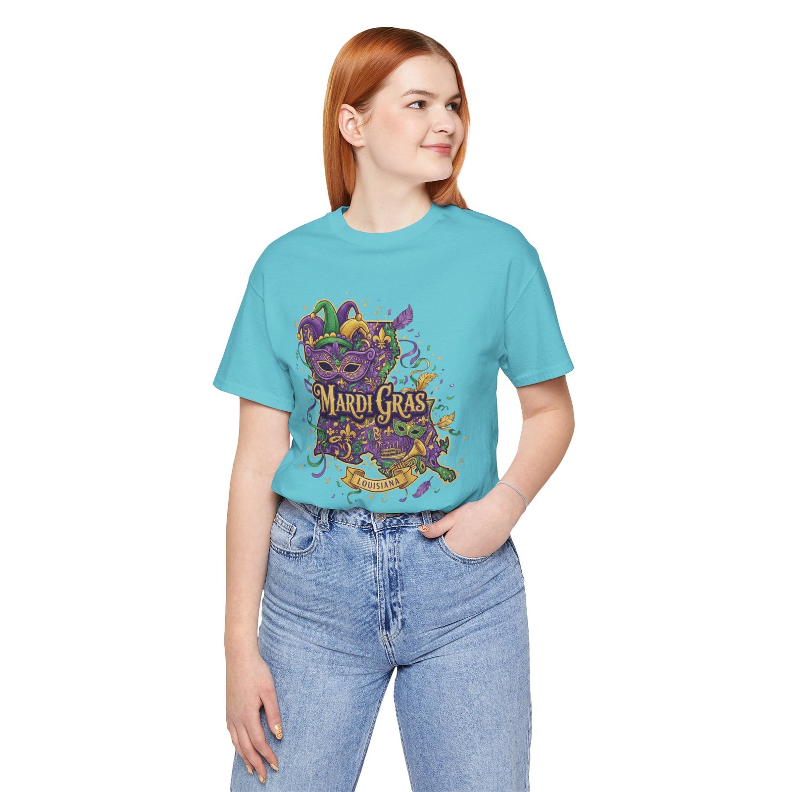 Louisiana Mardi Gras State Silhouette T-Shirt | Purple Green Gold - Image 129