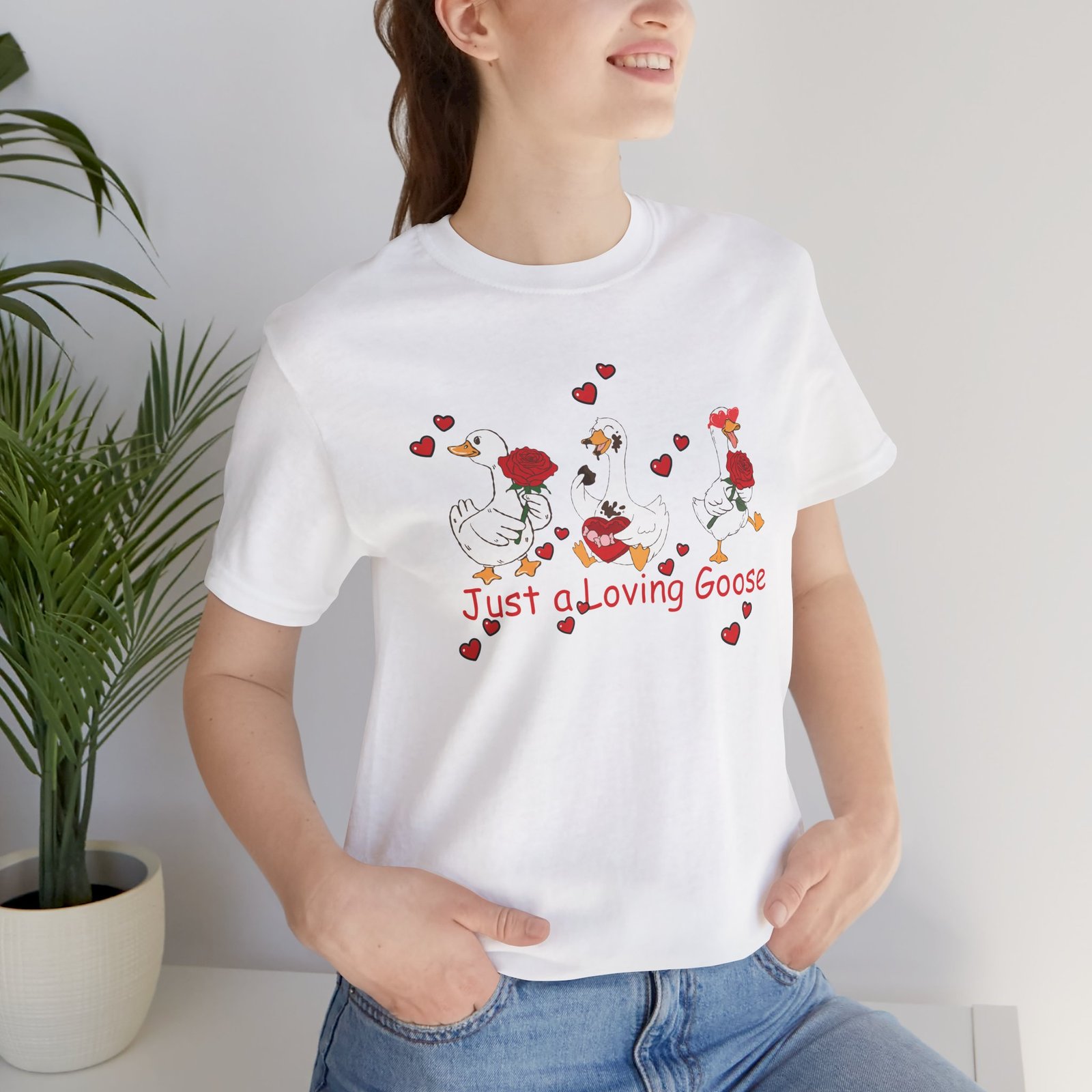 Just a Loving Goose Tee | Cute Goose Trio with Roses & Hearts
