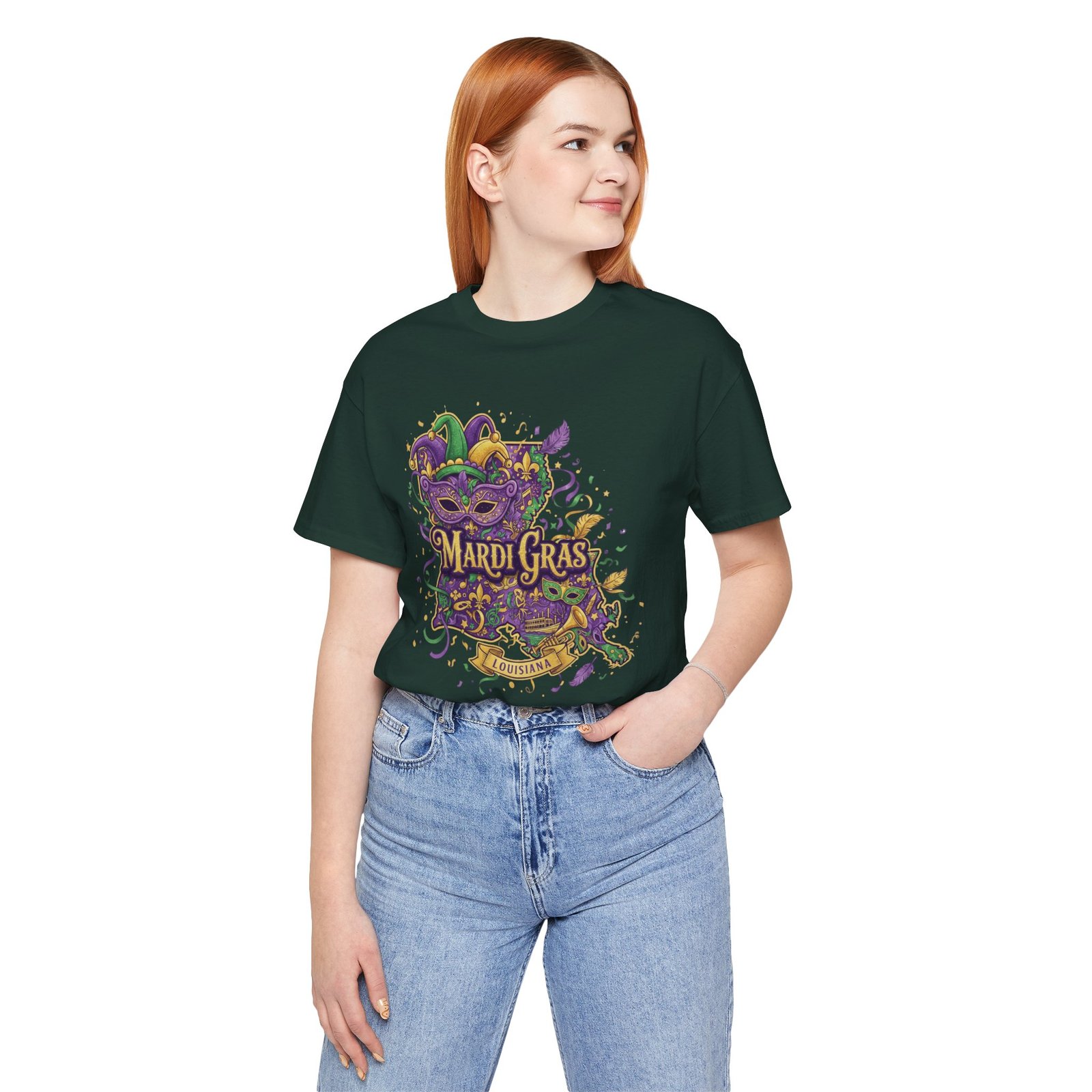 Louisiana Mardi Gras State Silhouette T-Shirt | Purple Green Gold - Image 96