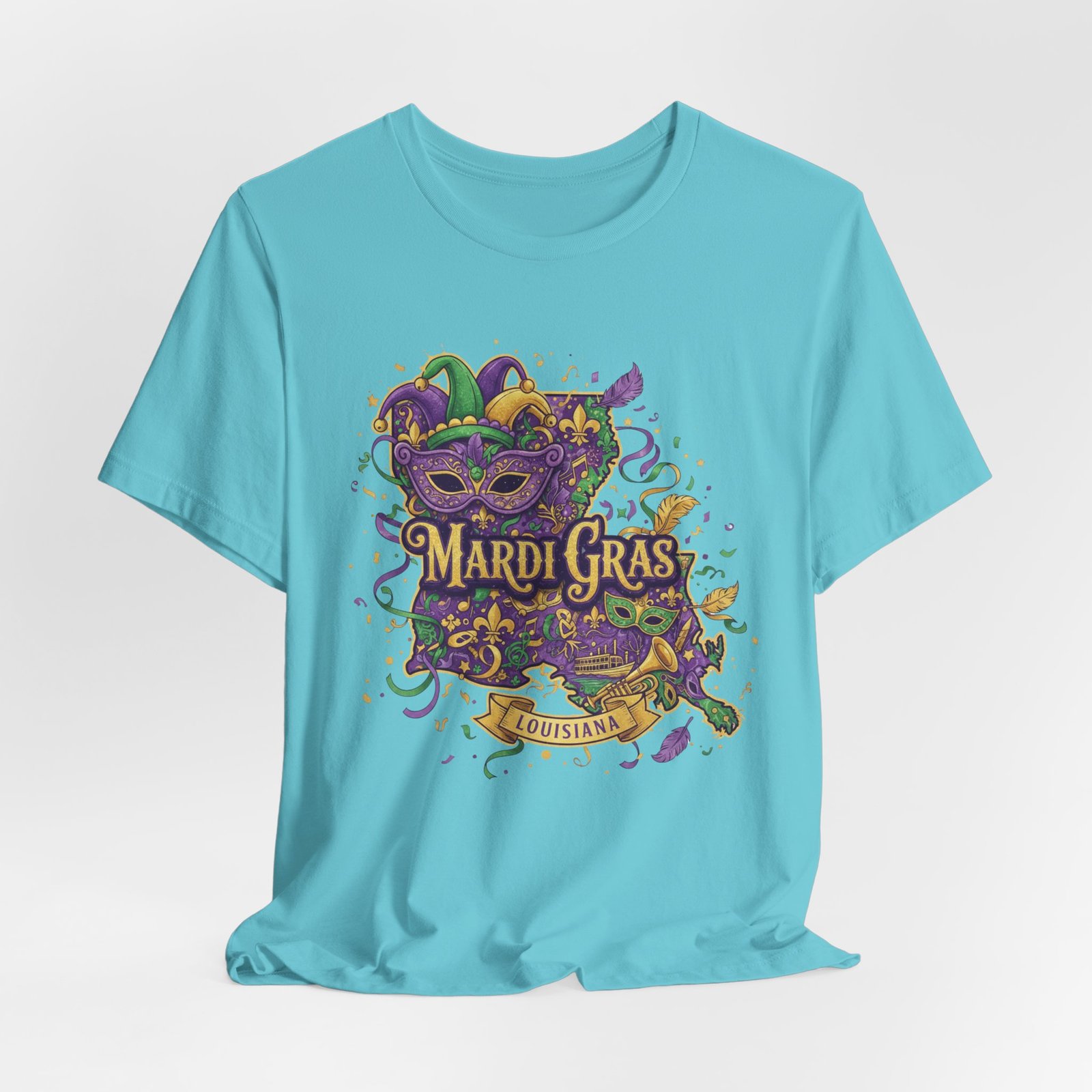 Louisiana Mardi Gras State Silhouette T-Shirt | Purple Green Gold - Image 125