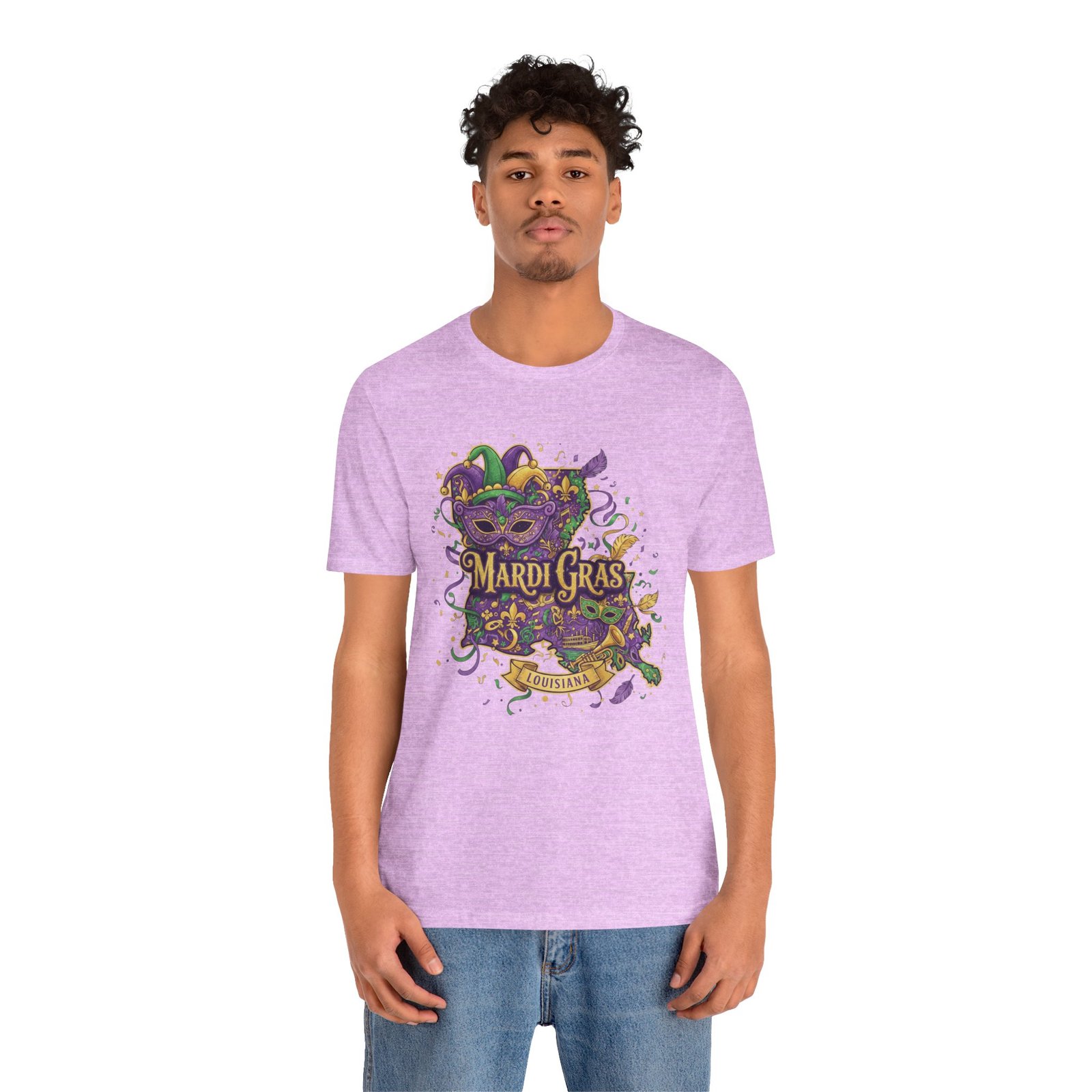Louisiana Mardi Gras State Silhouette T-Shirt | Purple Green Gold - Image 209
