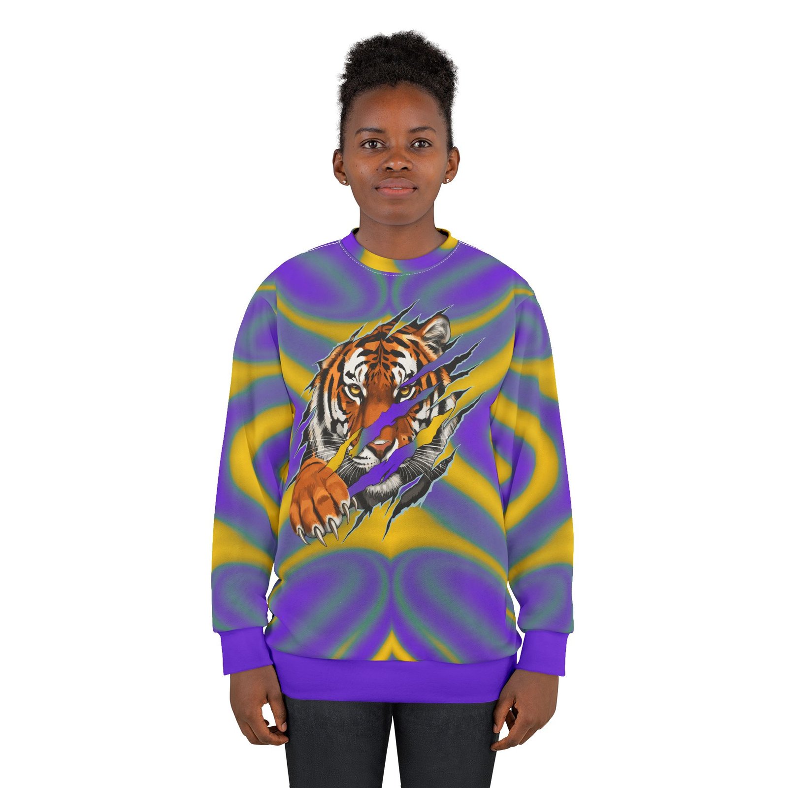 Tiger Claw Graphic Sweatshirt | Psychedelic Purple Yellow All-Over Print - Image 4
