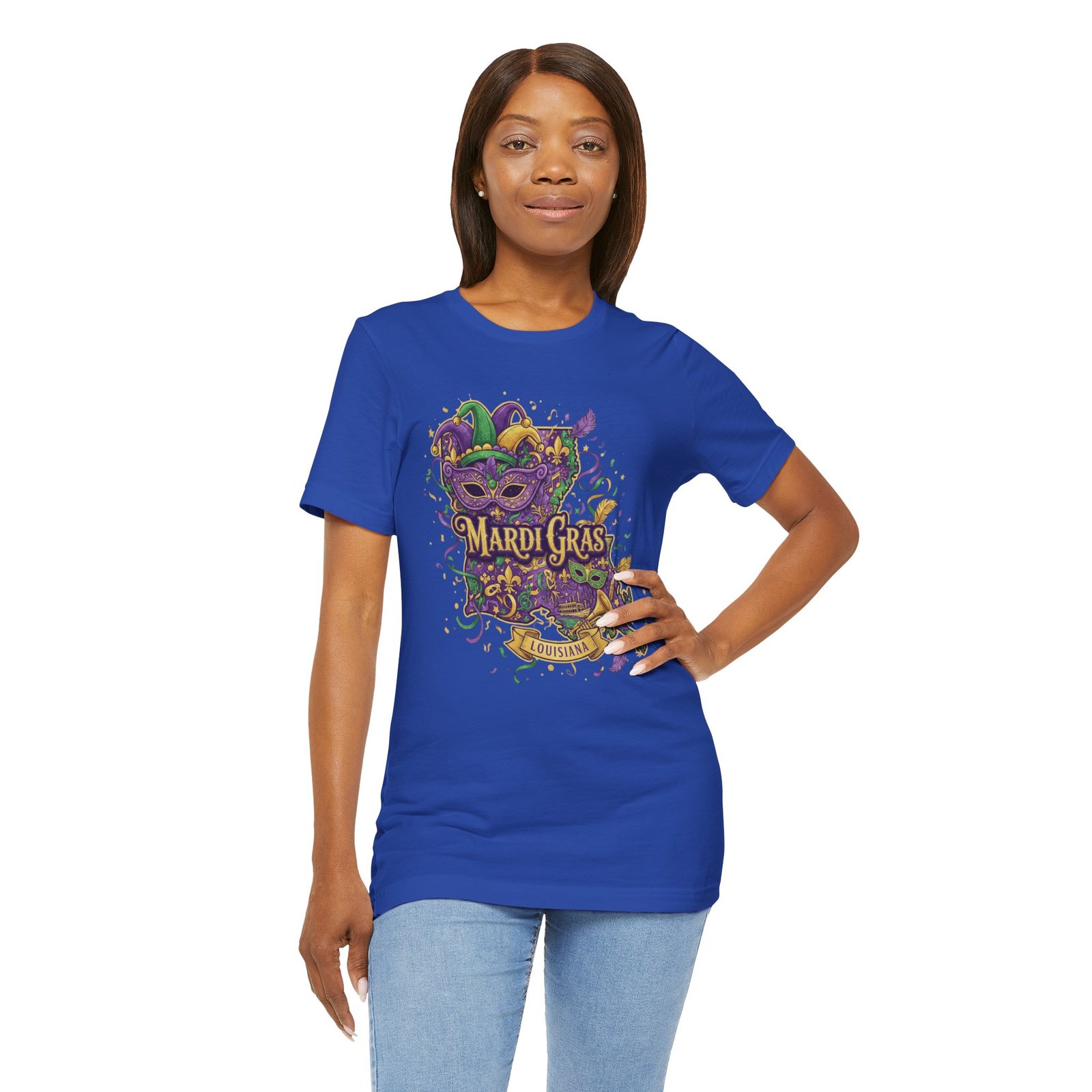 Louisiana Mardi Gras State Silhouette T-Shirt | Purple Green Gold - Image 139