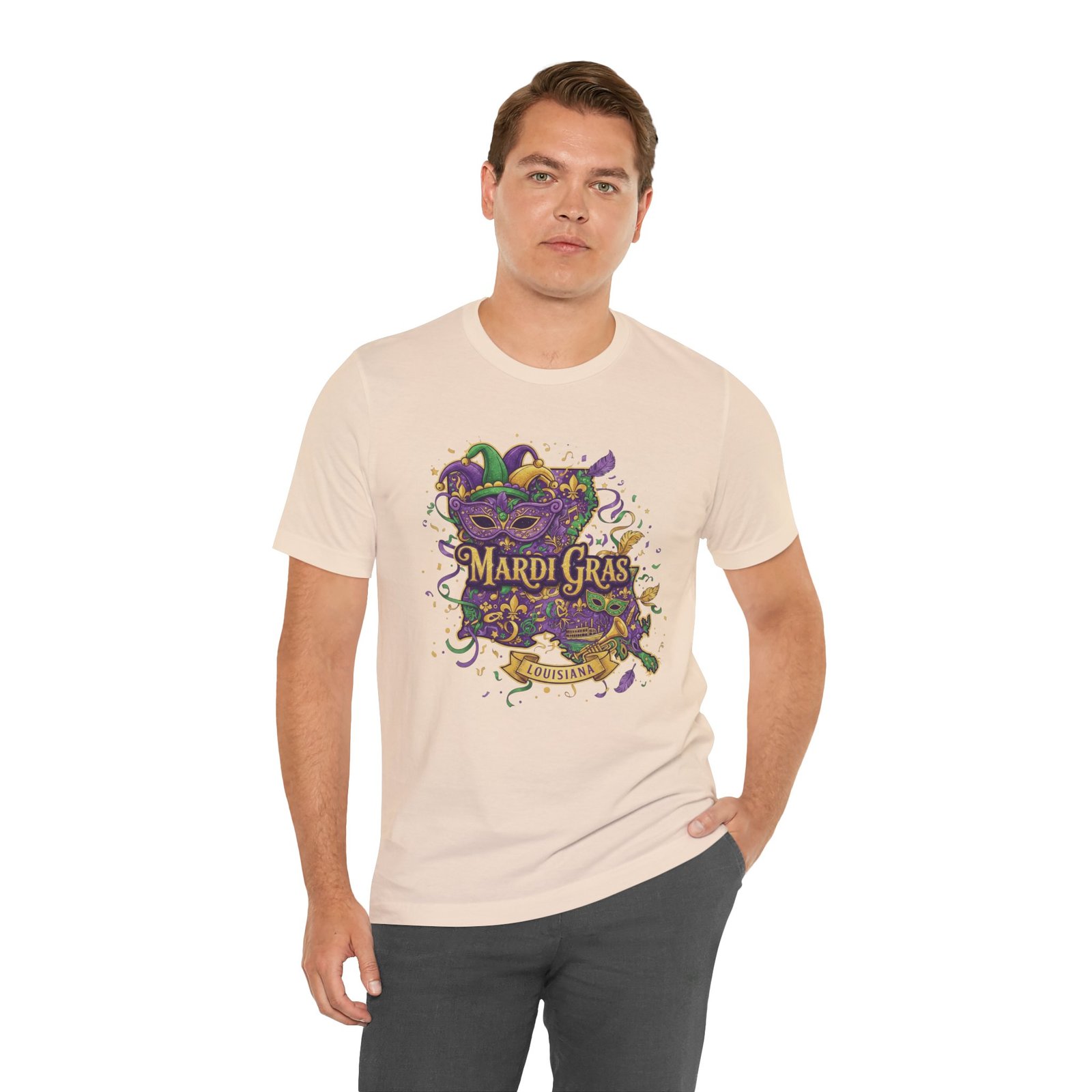 Louisiana Mardi Gras State Silhouette T-Shirt | Purple Green Gold - Image 54