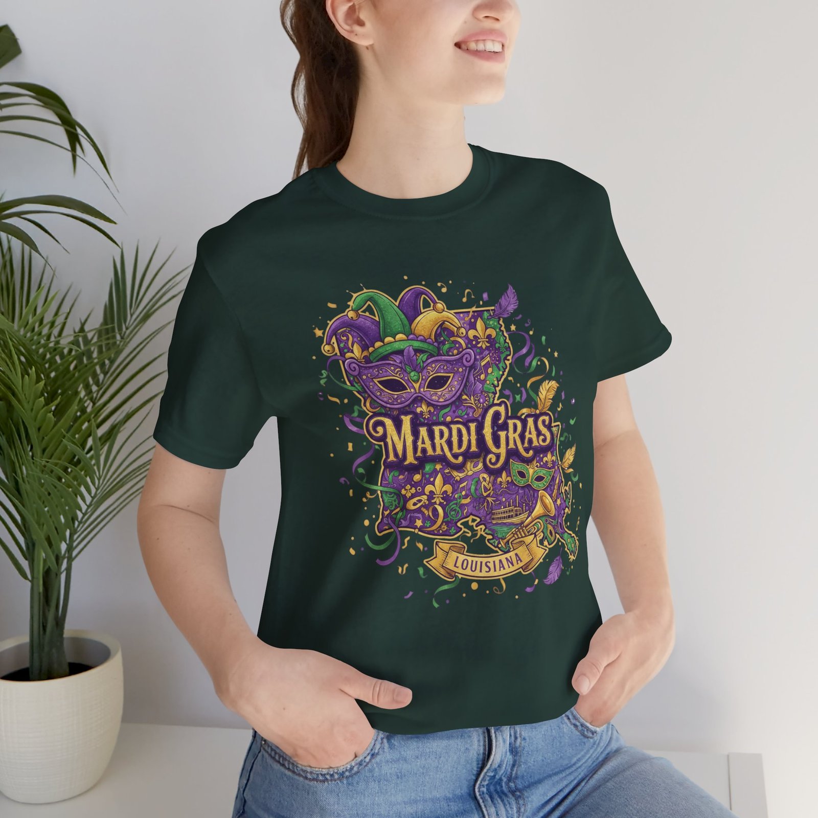 Louisiana Mardi Gras State Silhouette T-Shirt | Purple Green Gold - Image 94