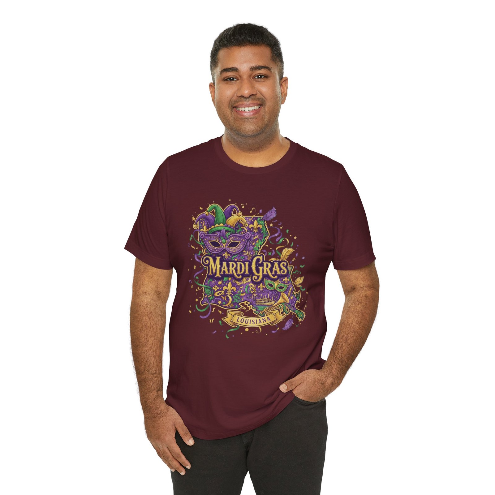 Louisiana Mardi Gras State Silhouette T-Shirt | Purple Green Gold - Image 218