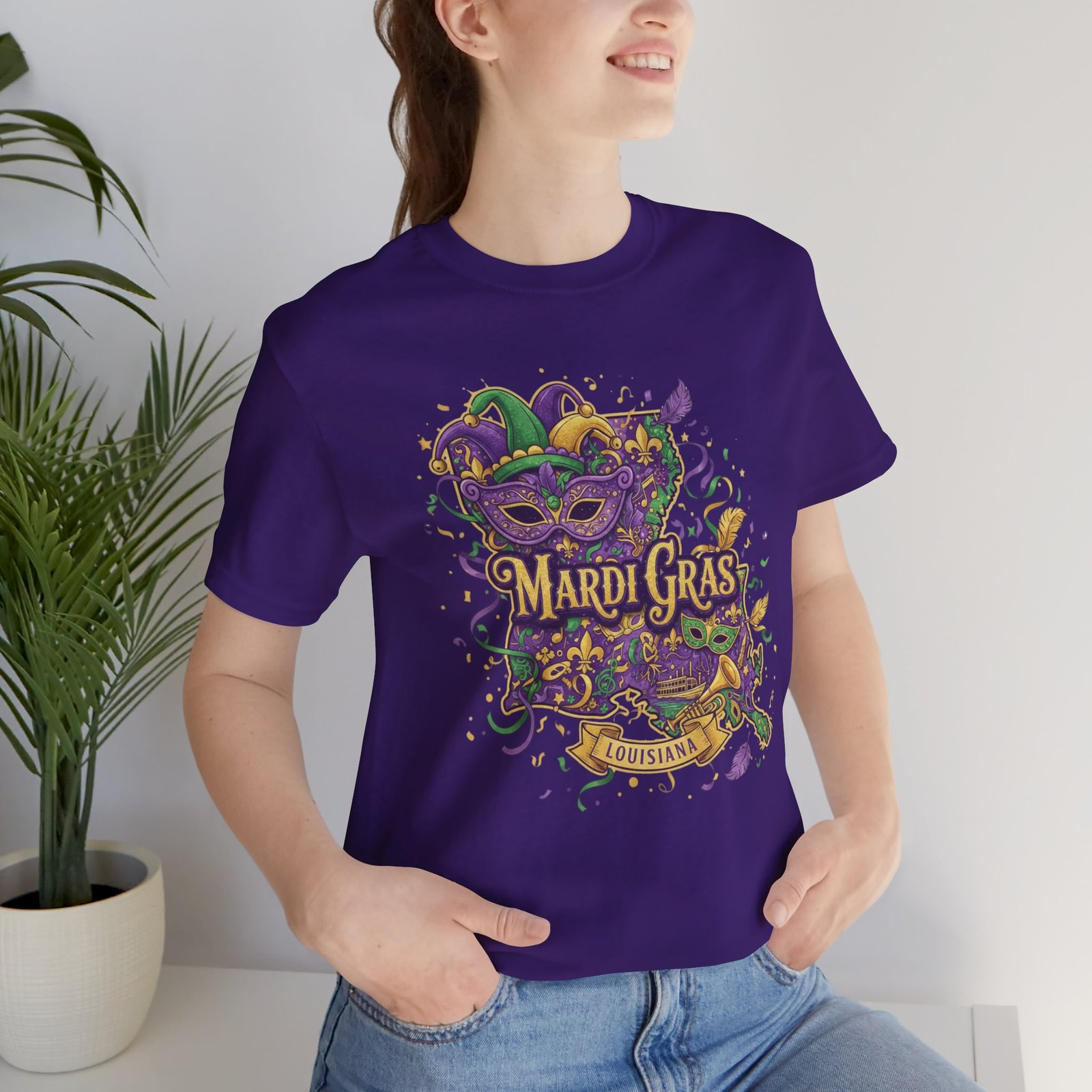 Louisiana Mardi Gras State Silhouette T-Shirt | Purple Green Gold - Image 193