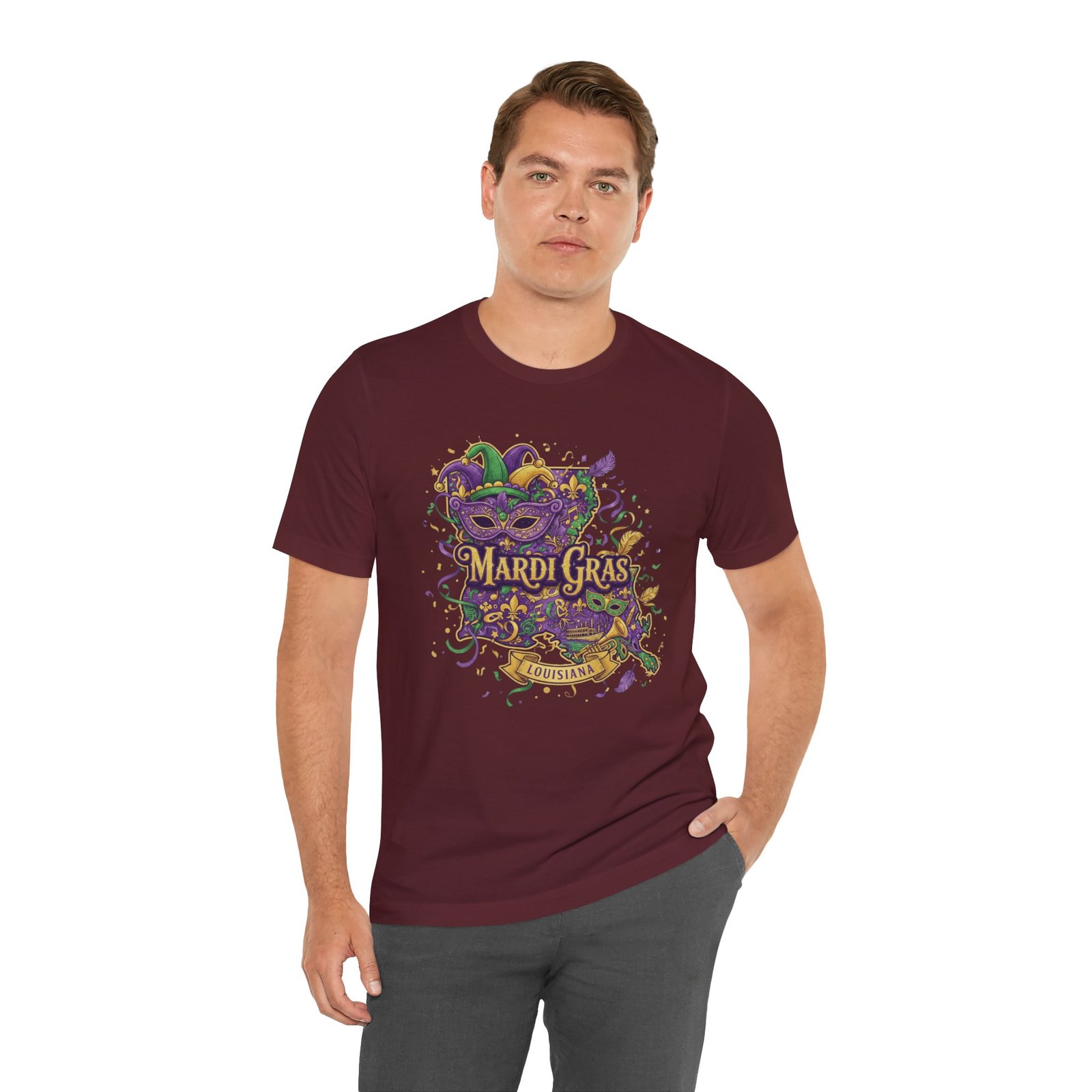 Louisiana Mardi Gras State Silhouette T-Shirt | Purple Green Gold - Image 219