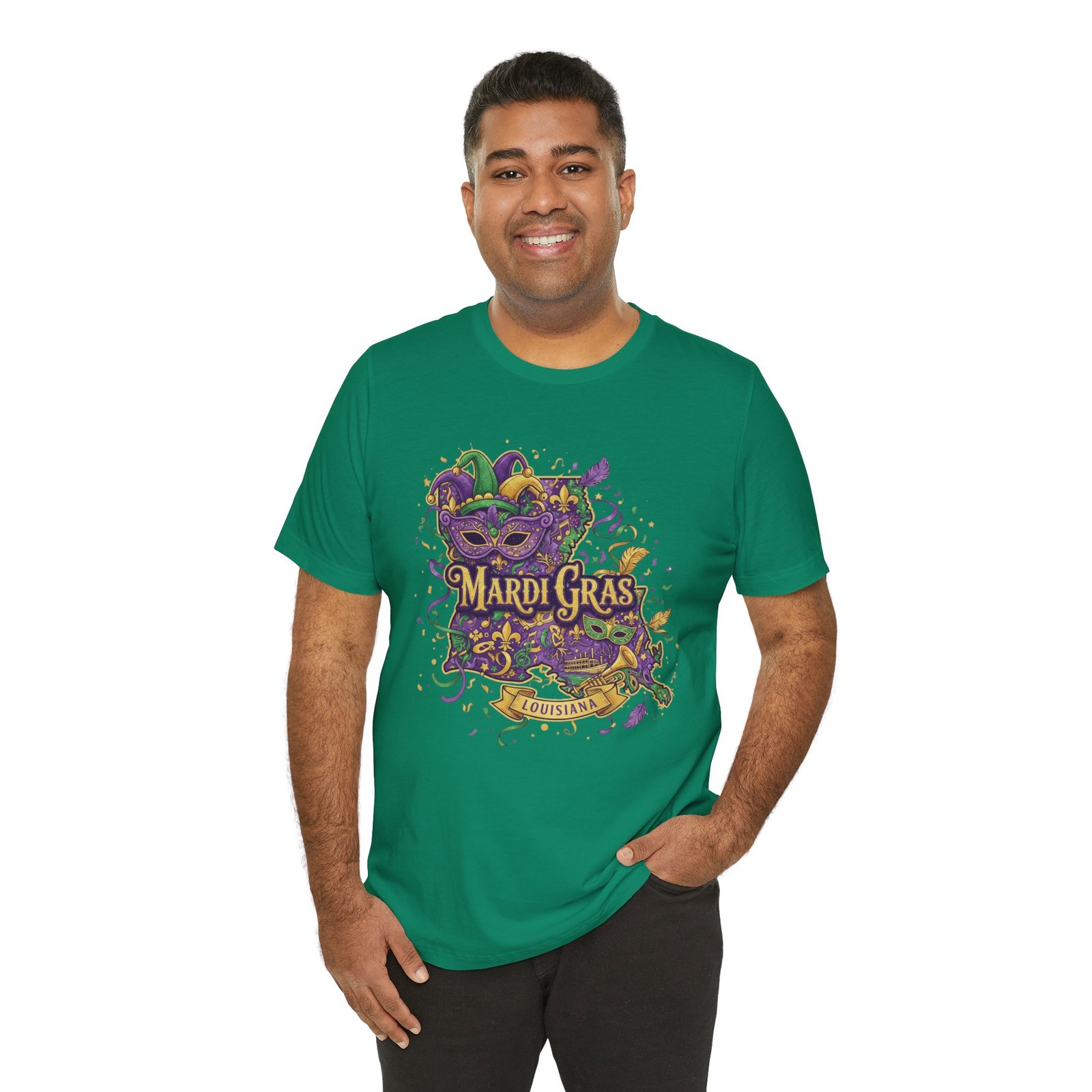 Louisiana Mardi Gras State Silhouette T-Shirt | Purple Green Gold - Image 86
