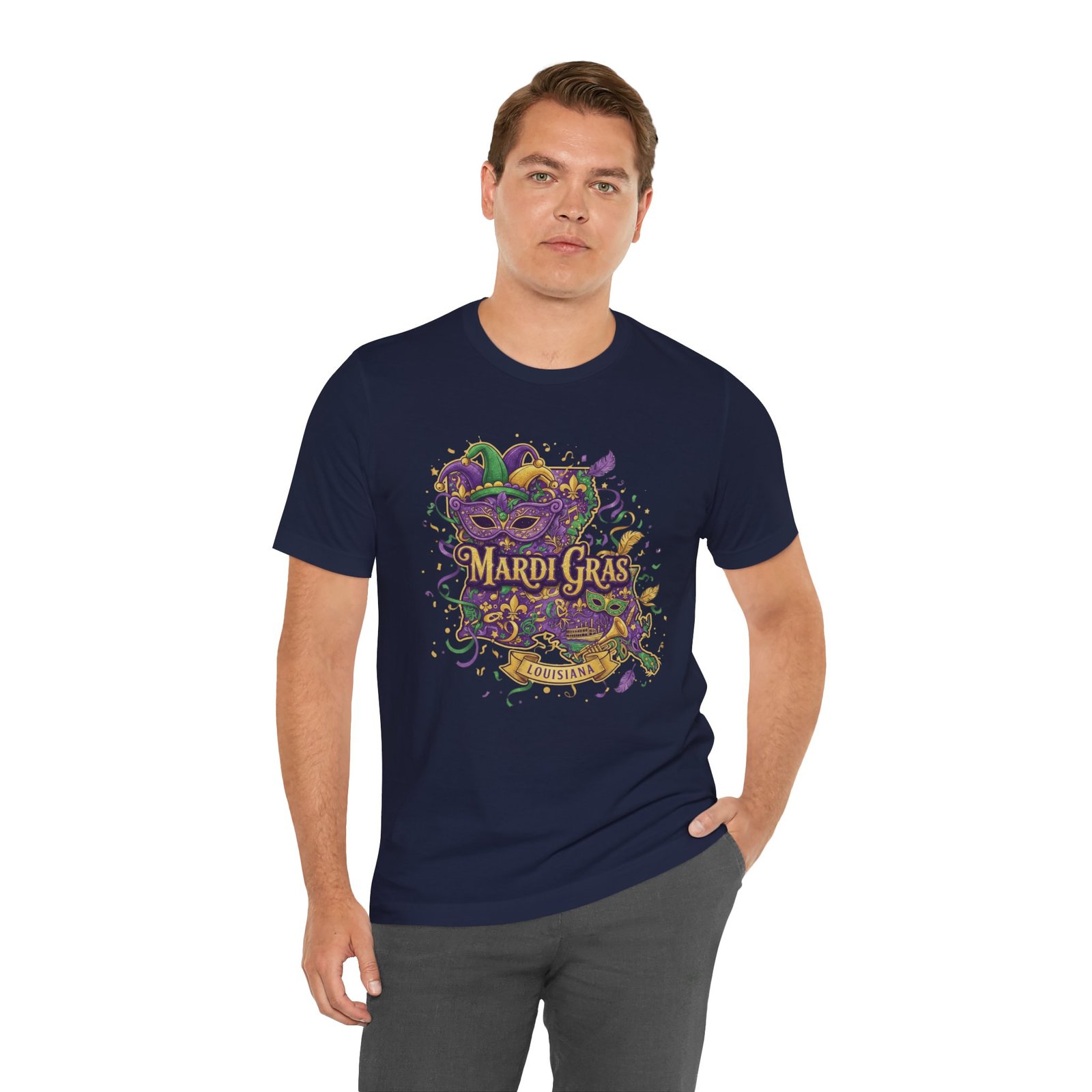 Louisiana Mardi Gras State Silhouette T-Shirt | Purple Green Gold - Image 186