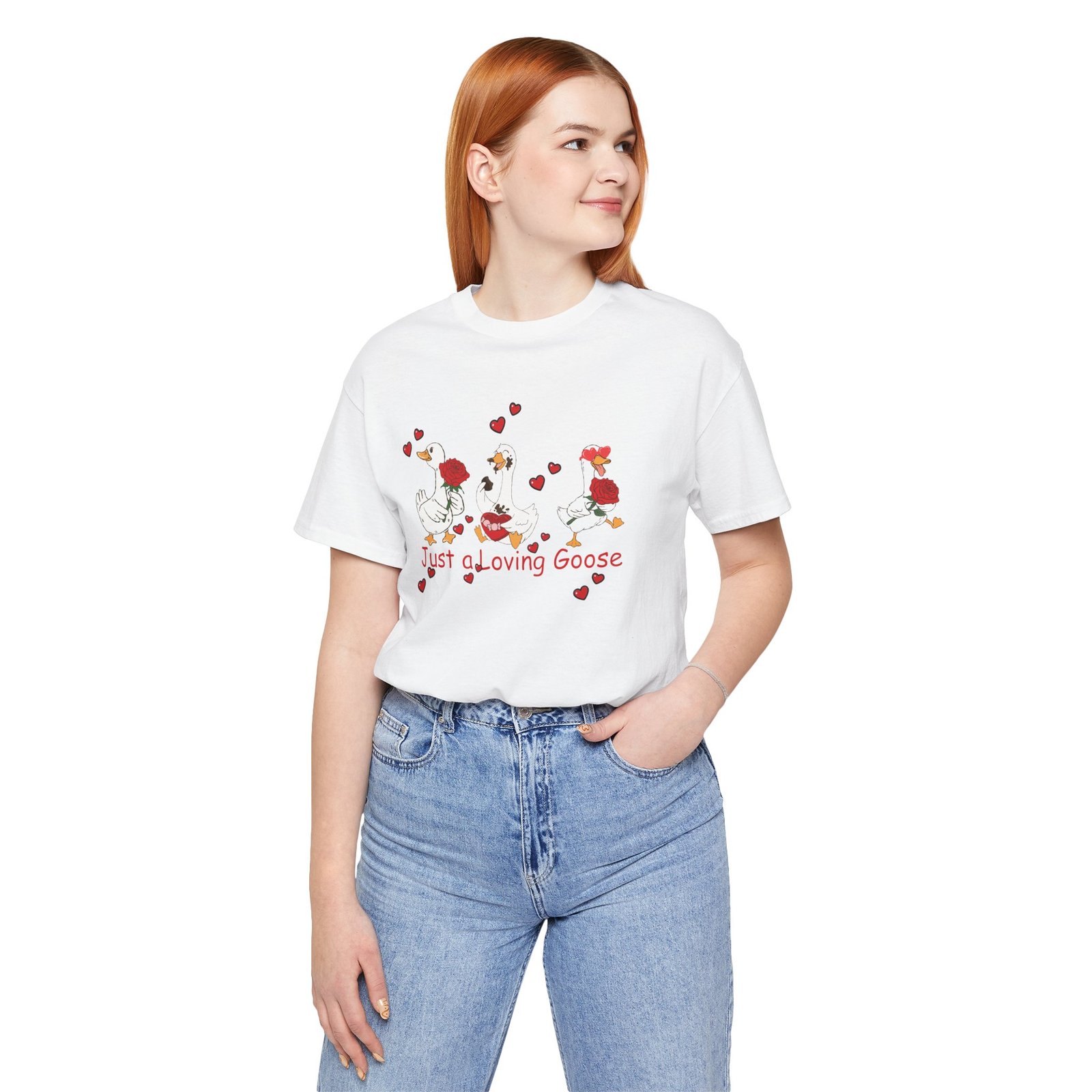 Just a Loving Goose Tee | Cute Goose Trio with Roses & Hearts - Image 7