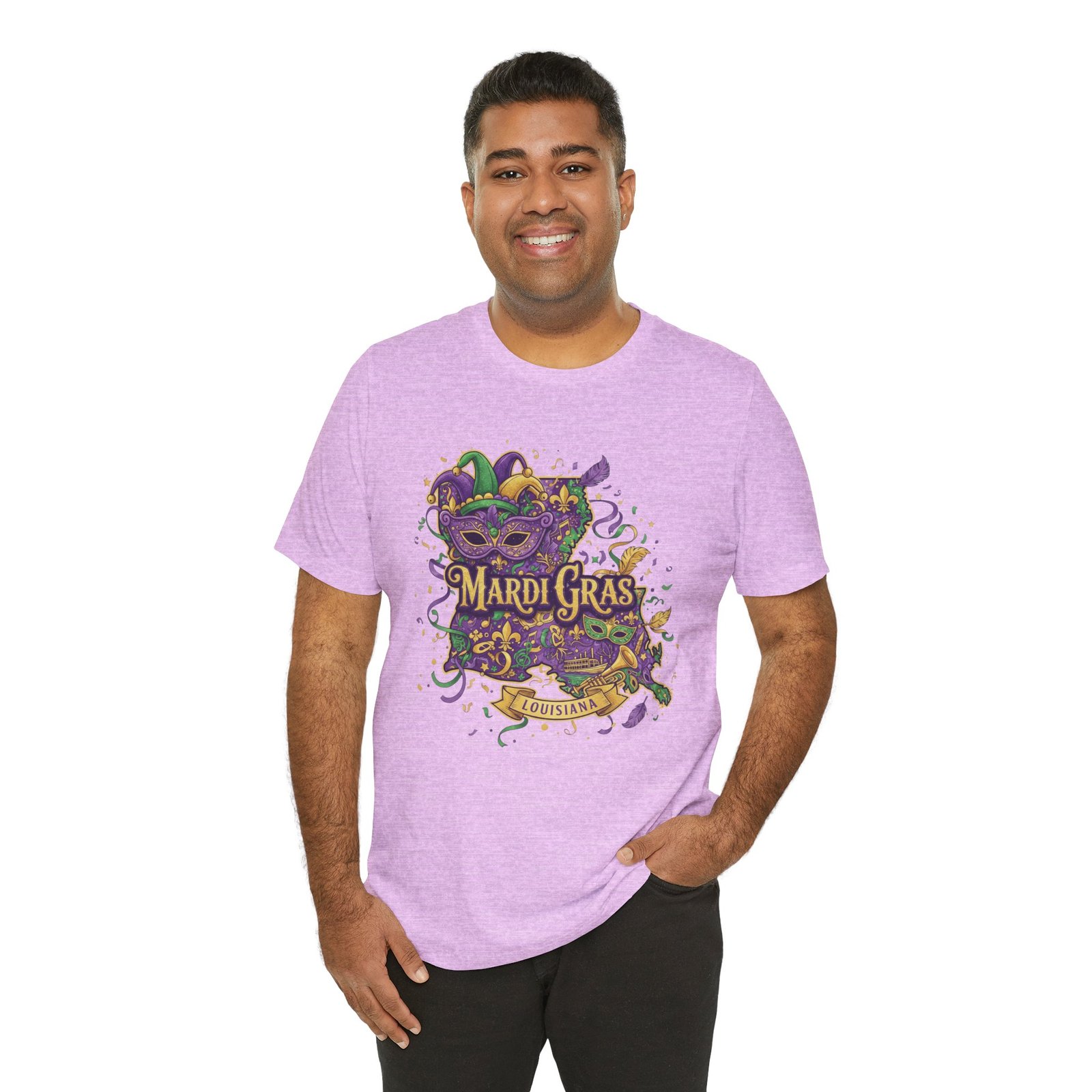 Louisiana Mardi Gras State Silhouette T-Shirt | Purple Green Gold - Image 207