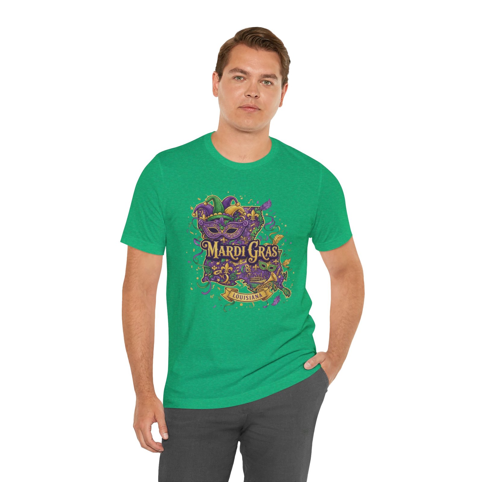 Louisiana Mardi Gras State Silhouette T-Shirt | Purple Green Gold - Image 76