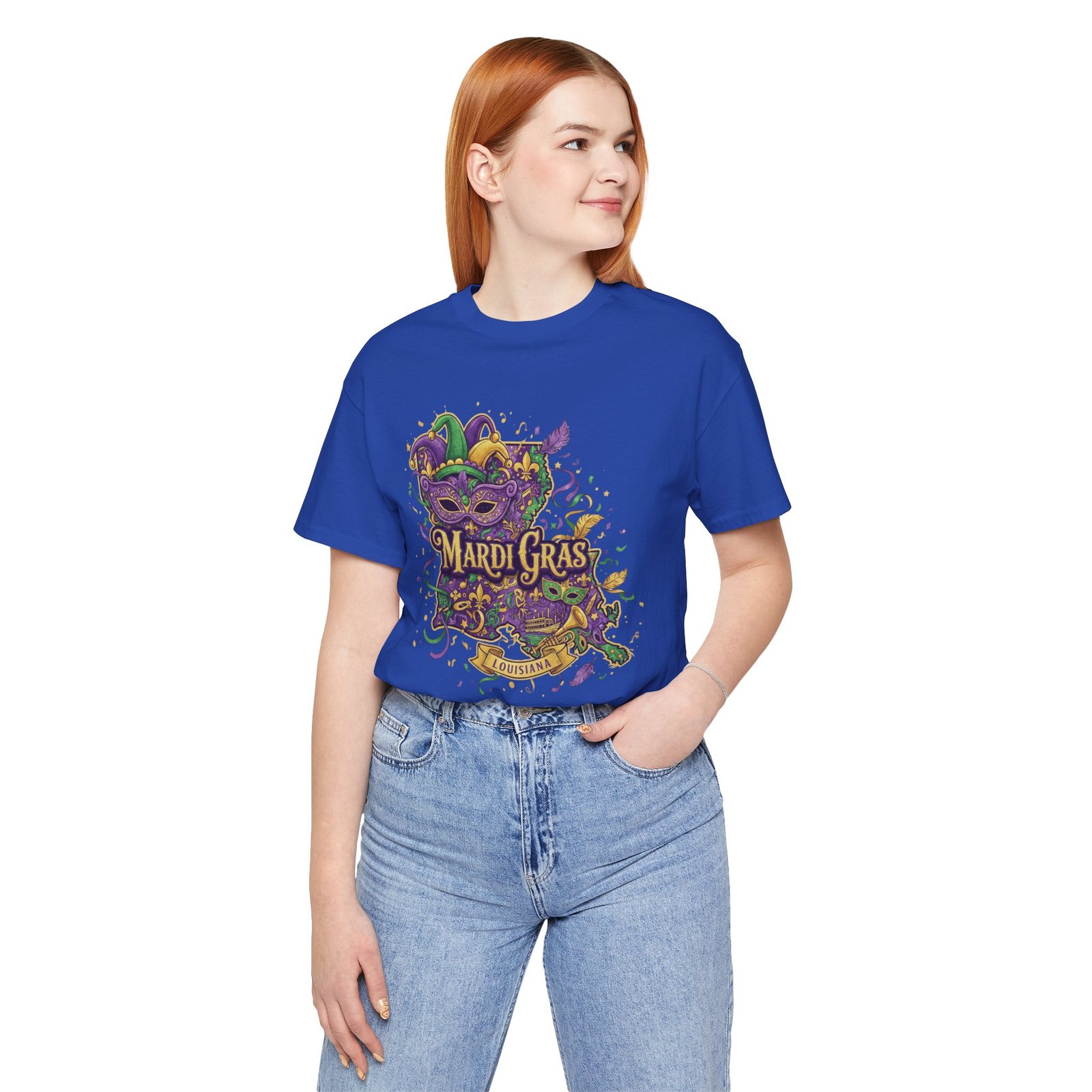 Louisiana Mardi Gras State Silhouette T-Shirt | Purple Green Gold - Image 140