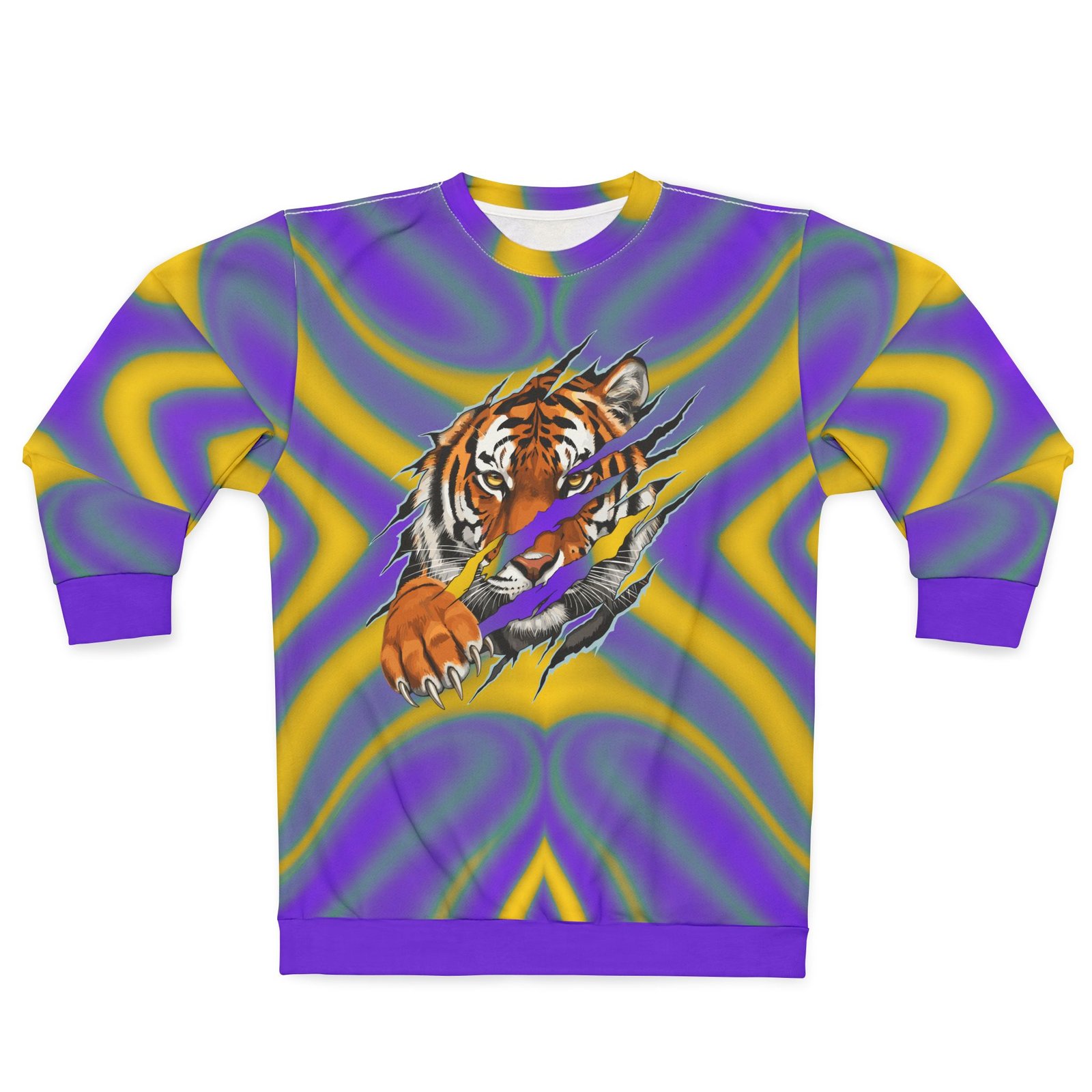 Tiger Claw Graphic Sweatshirt | Psychedelic Purple Yellow All-Over Print
