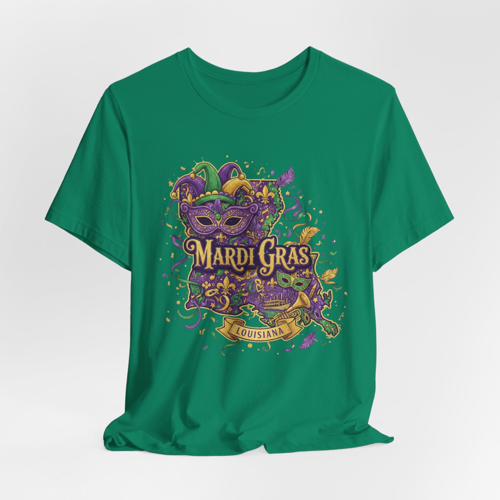 Louisiana Mardi Gras State Silhouette T-Shirt | Purple Green Gold - Image 81