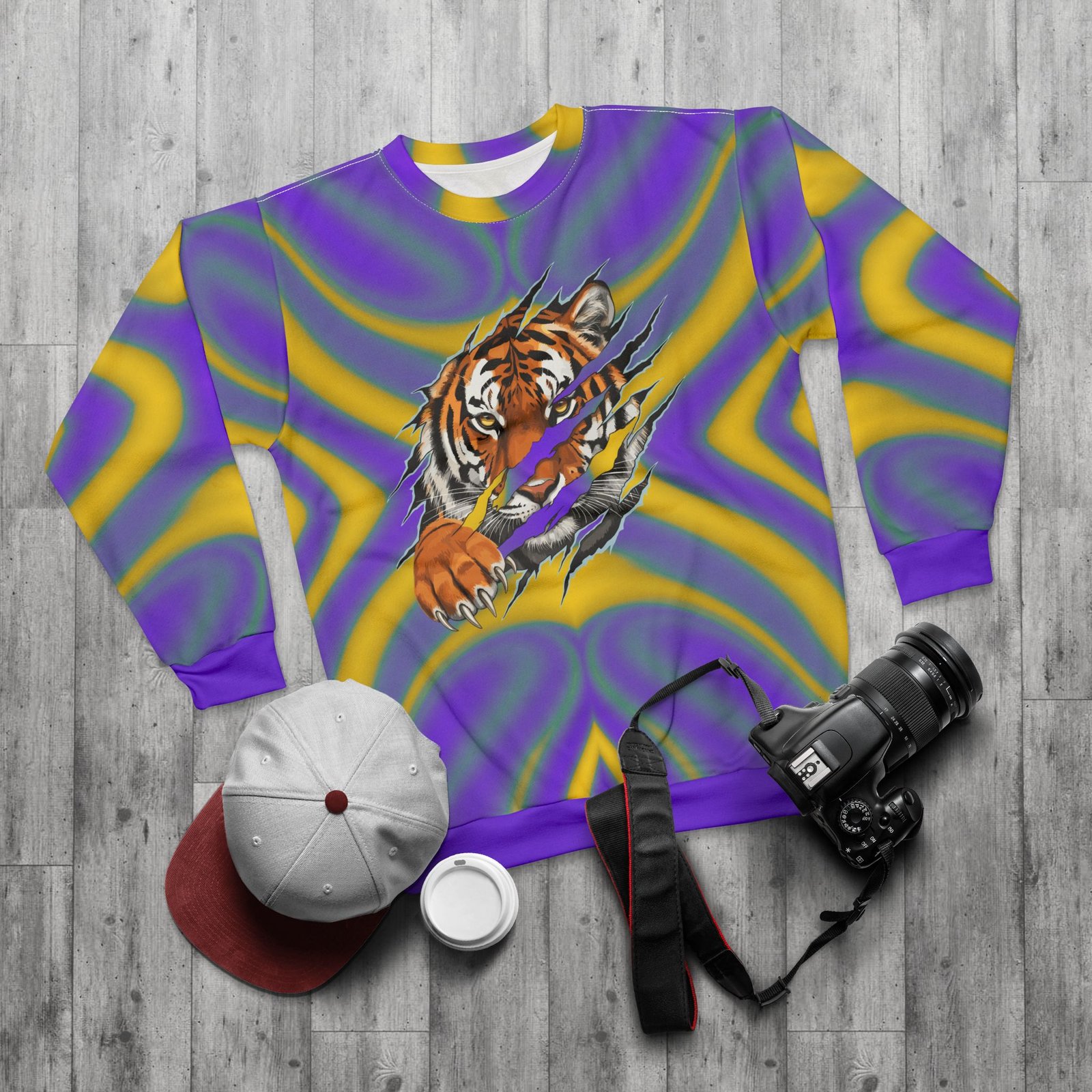 Tiger Claw Graphic Sweatshirt | Psychedelic Purple Yellow All-Over Print - Image 5