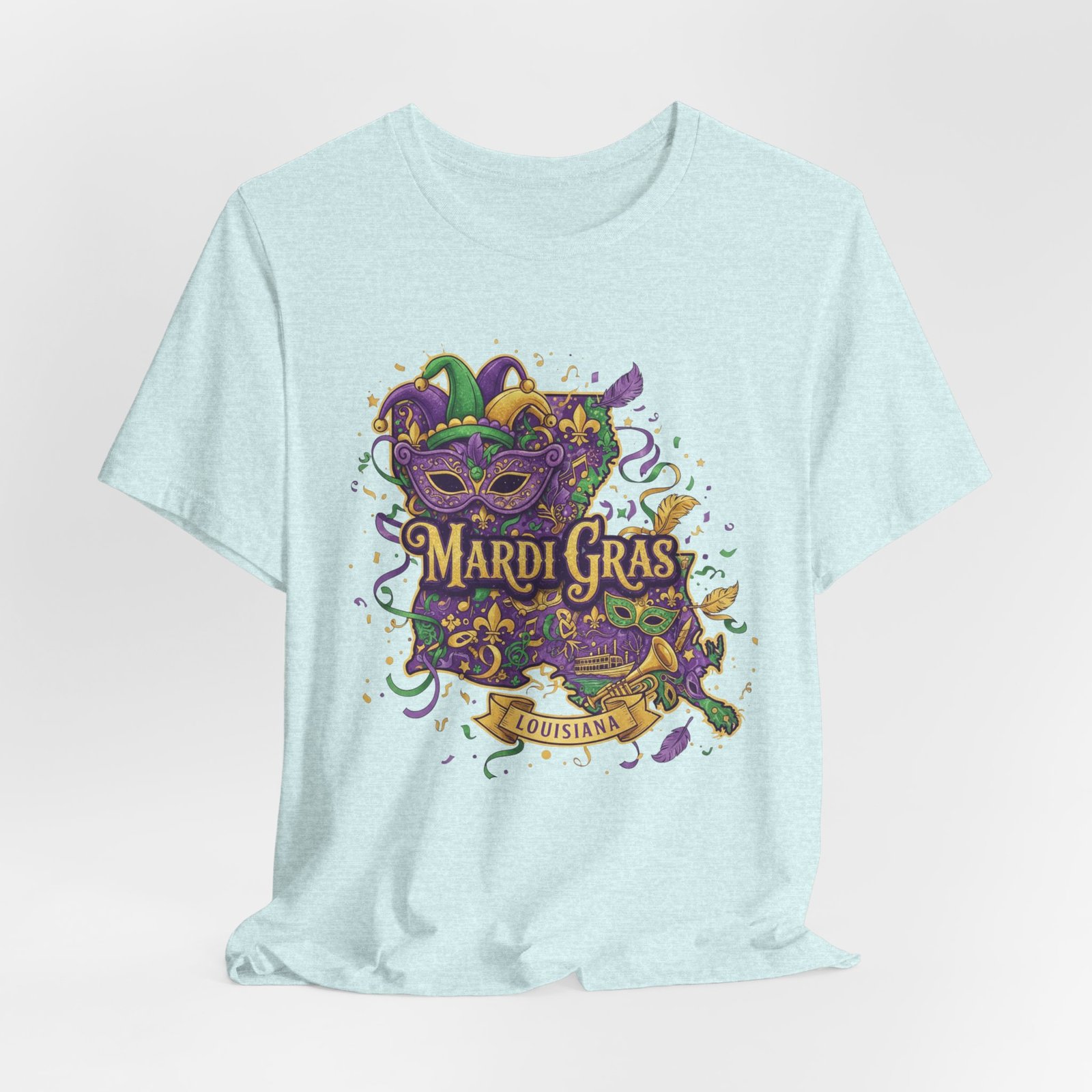 Louisiana Mardi Gras State Silhouette T-Shirt | Purple Green Gold - Image 103