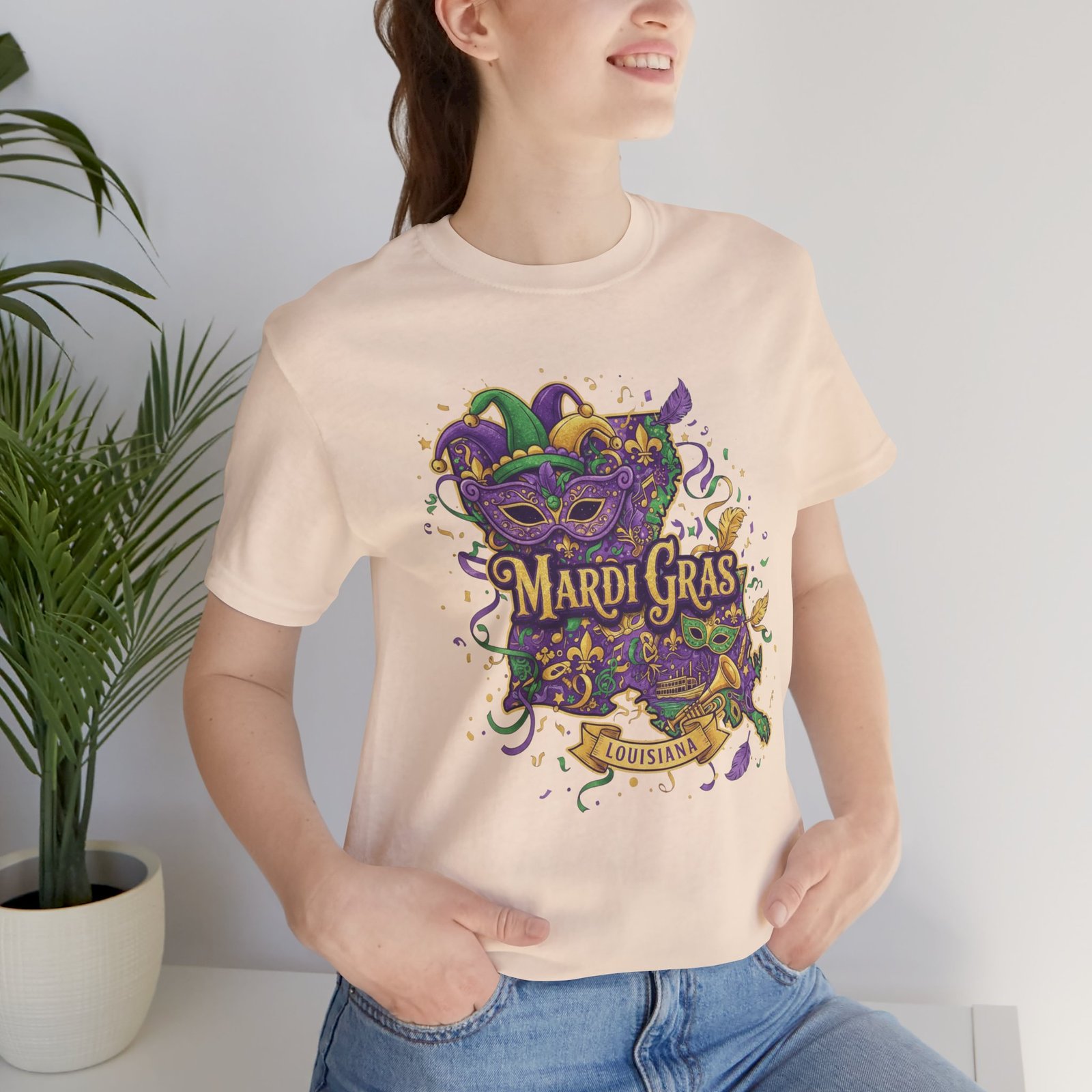 Louisiana Mardi Gras State Silhouette T-Shirt | Purple Green Gold - Image 50