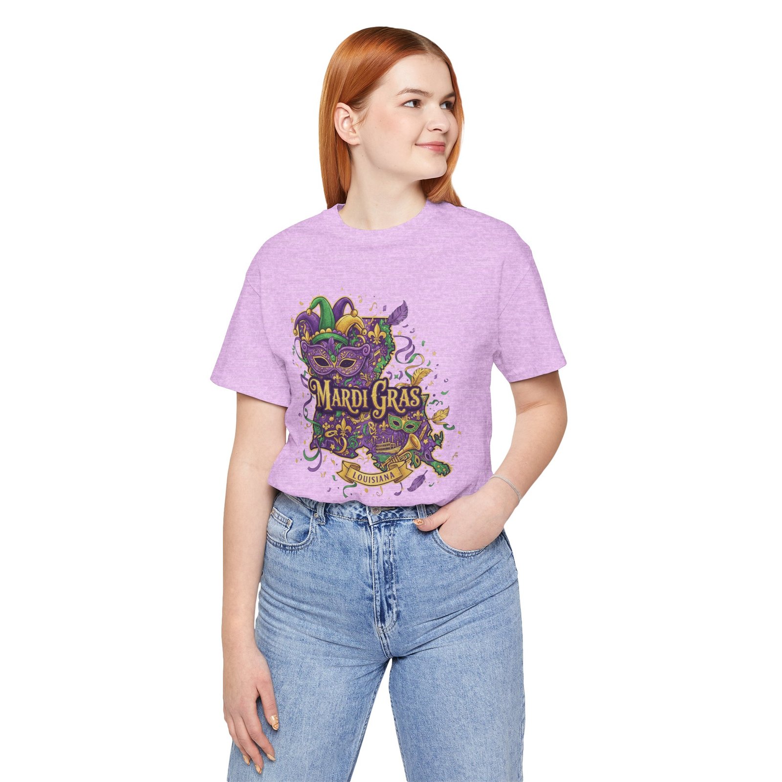 Louisiana Mardi Gras State Silhouette T-Shirt | Purple Green Gold - Image 206