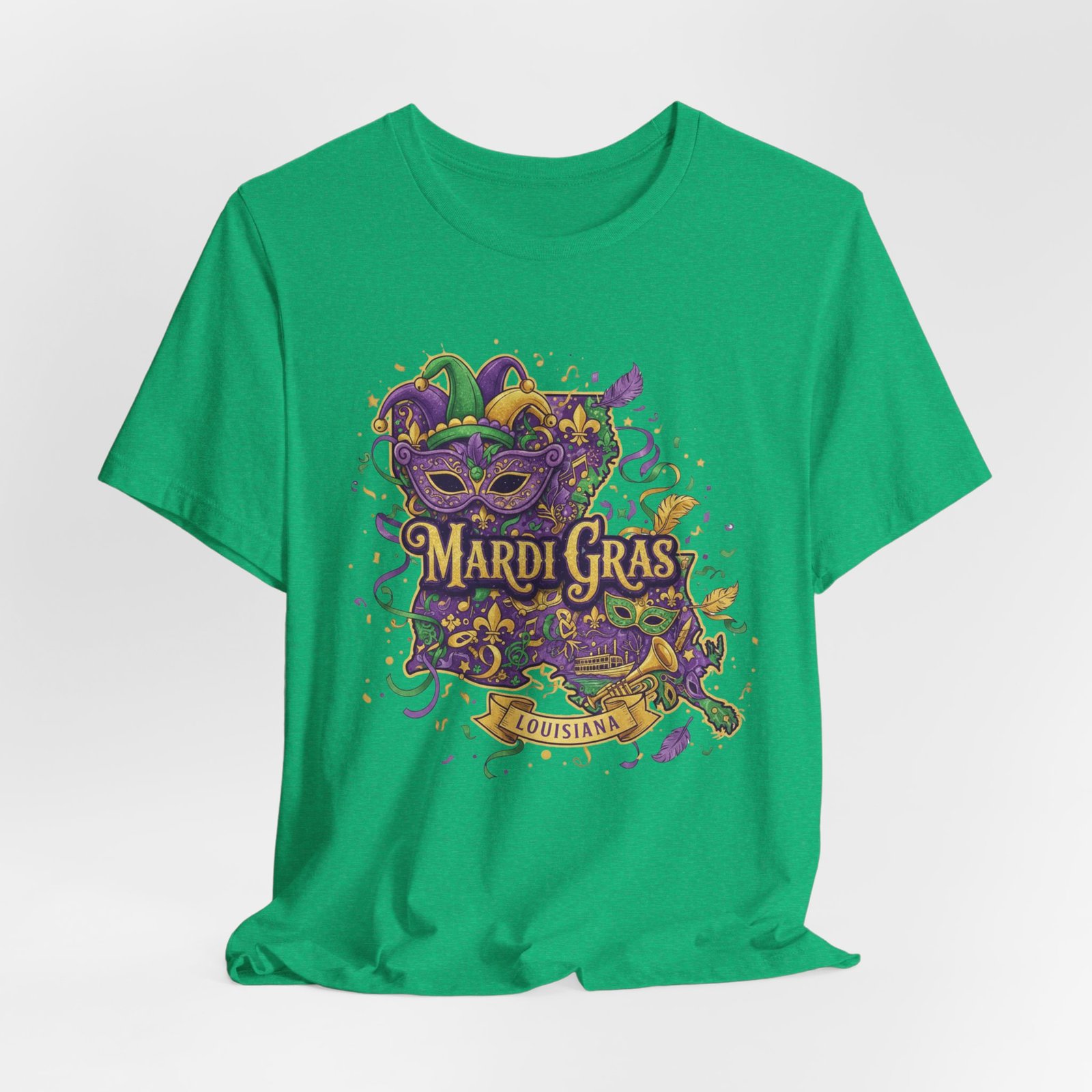 Louisiana Mardi Gras State Silhouette T-Shirt | Purple Green Gold - Image 70