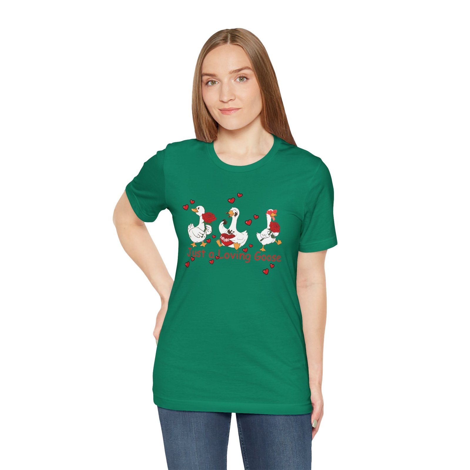 Just a Loving Goose Tee | Cute Goose Trio with Roses & Hearts - Image 29