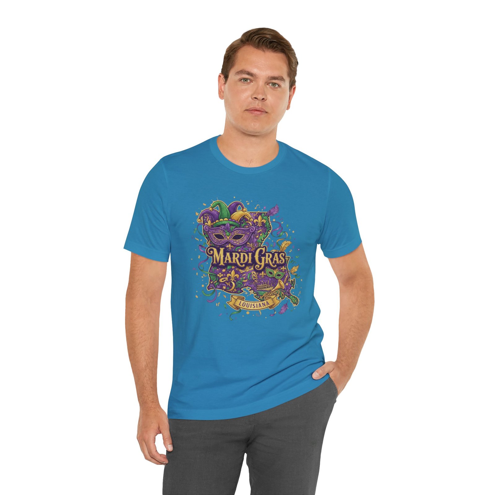 Louisiana Mardi Gras State Silhouette T-Shirt | Purple Green Gold - Image 120
