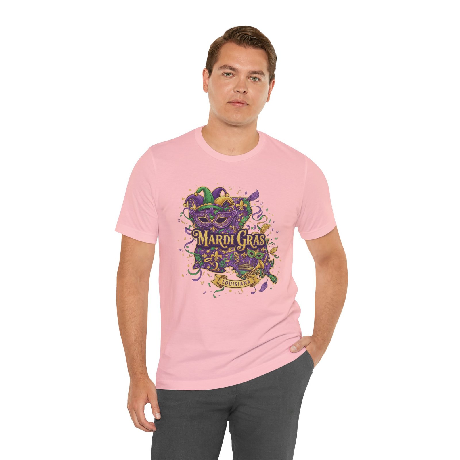 Louisiana Mardi Gras State Silhouette T-Shirt | Purple Green Gold - Image 230