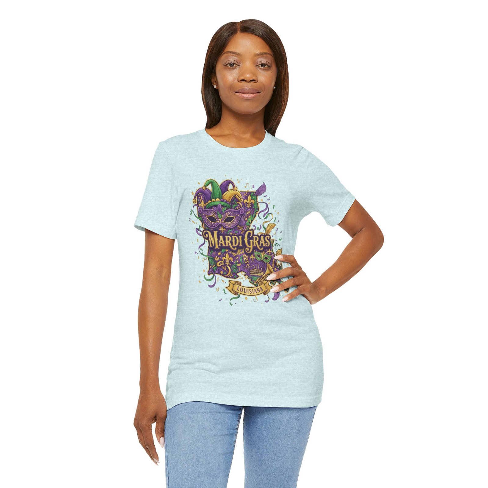 Louisiana Mardi Gras State Silhouette T-Shirt | Purple Green Gold - Image 106