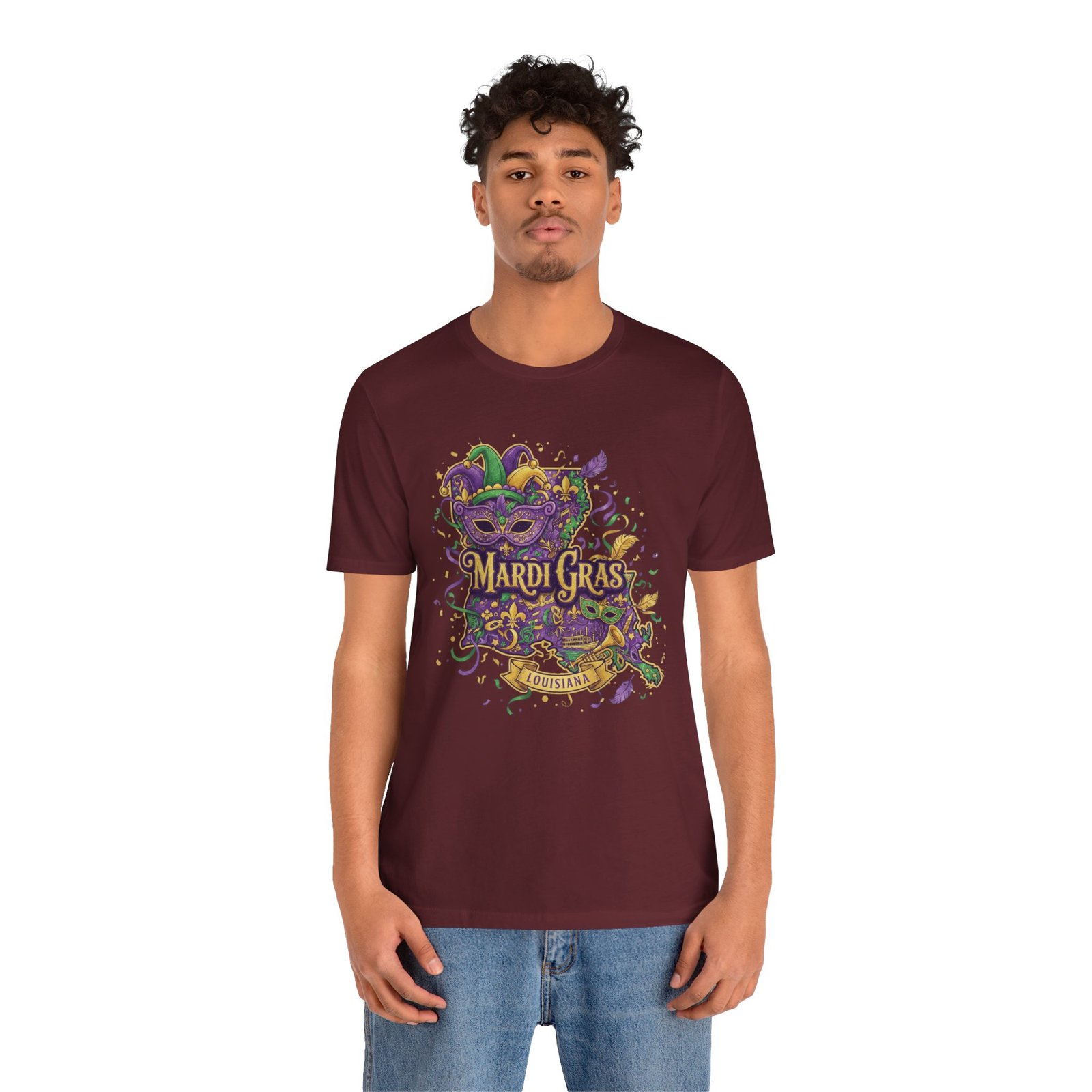 Louisiana Mardi Gras State Silhouette T-Shirt | Purple Green Gold - Image 220