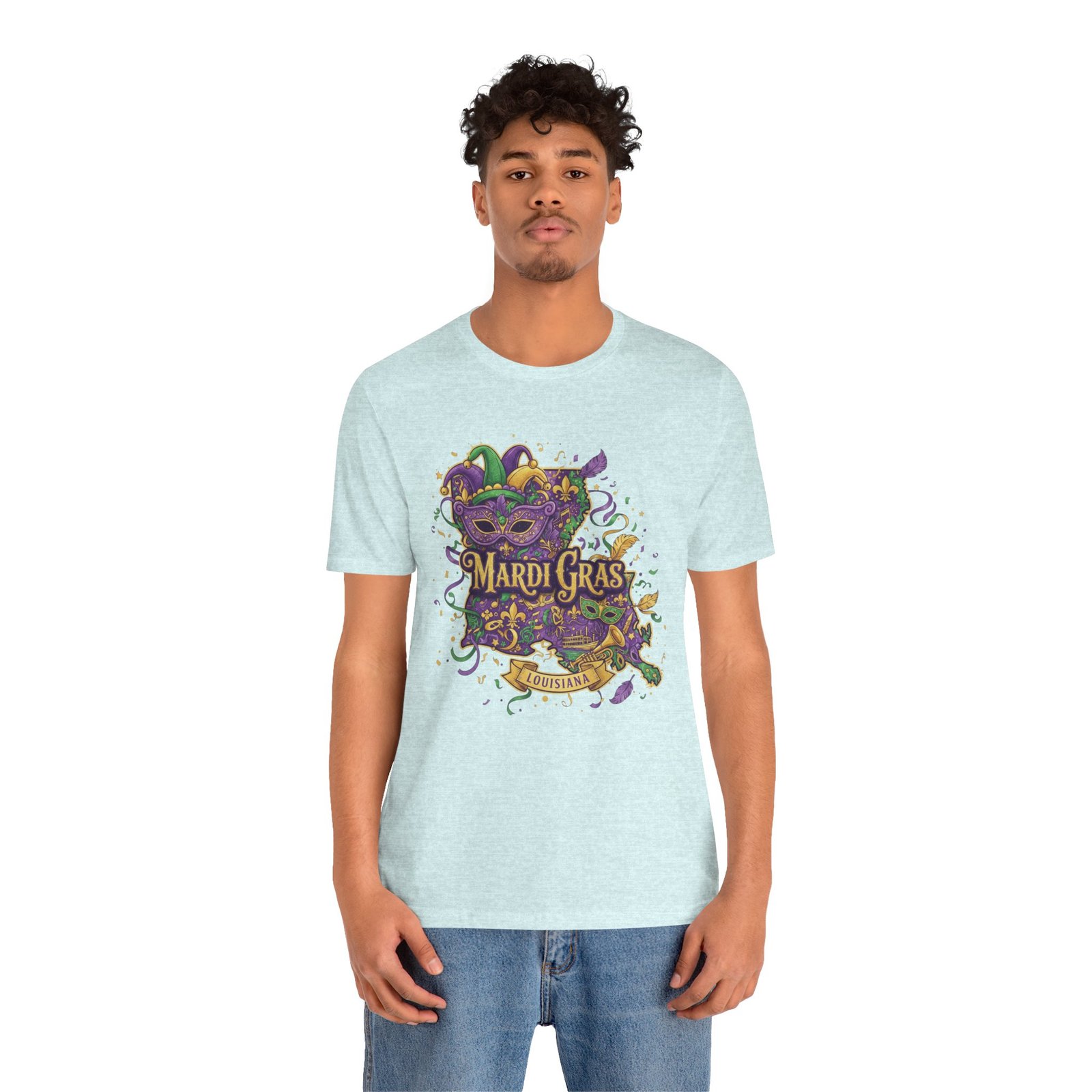 Louisiana Mardi Gras State Silhouette T-Shirt | Purple Green Gold - Image 110