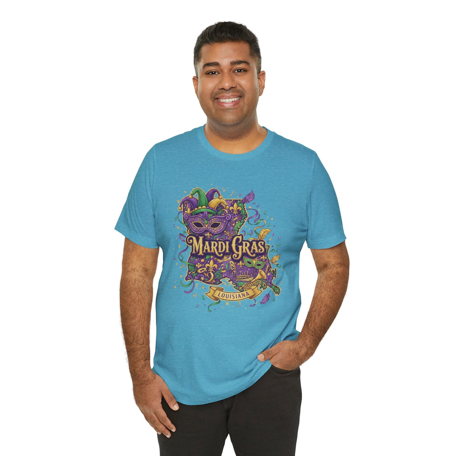 Louisiana Mardi Gras State Silhouette T-Shirt | Purple Green Gold - Image 174
