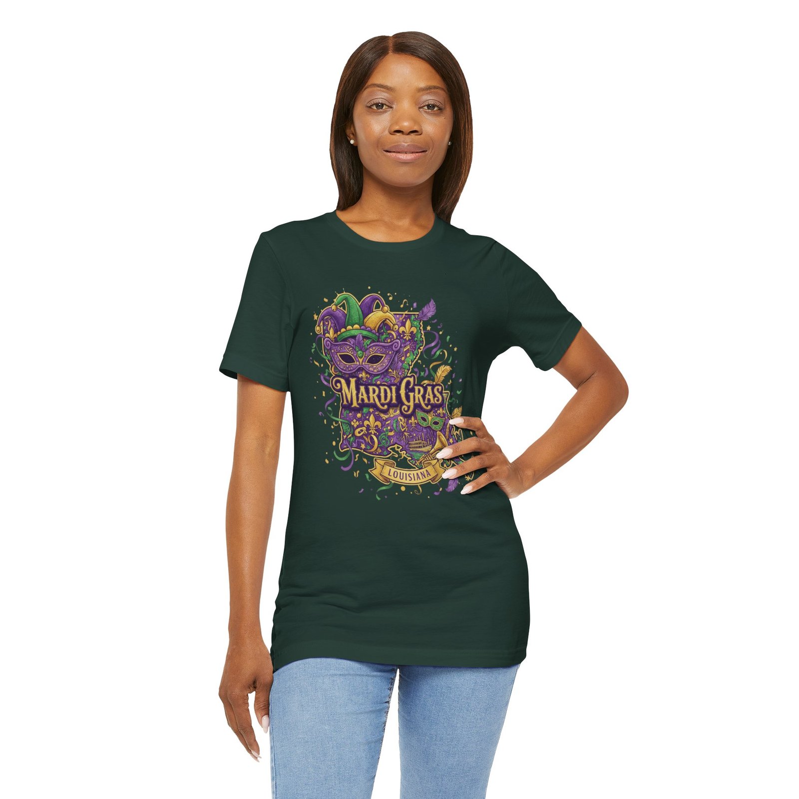 Louisiana Mardi Gras State Silhouette T-Shirt | Purple Green Gold - Image 95