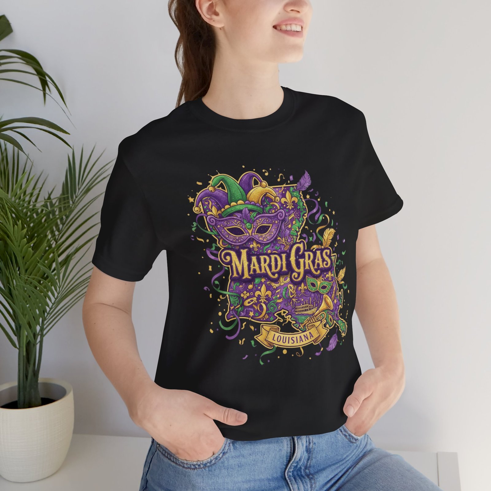 Louisiana Mardi Gras State Silhouette T-Shirt | Purple Green Gold - Image 28