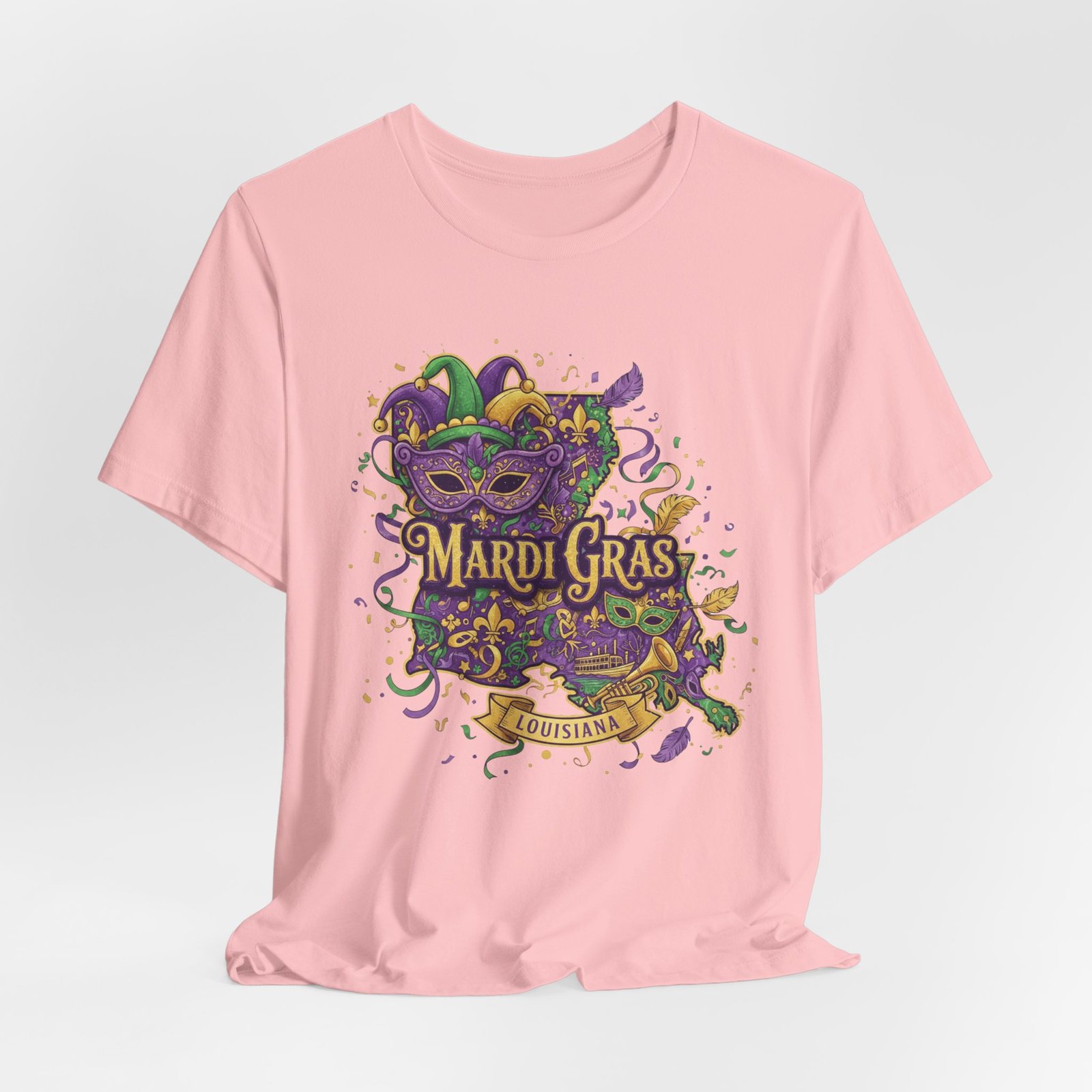 Louisiana Mardi Gras State Silhouette T-Shirt | Purple Green Gold - Image 224