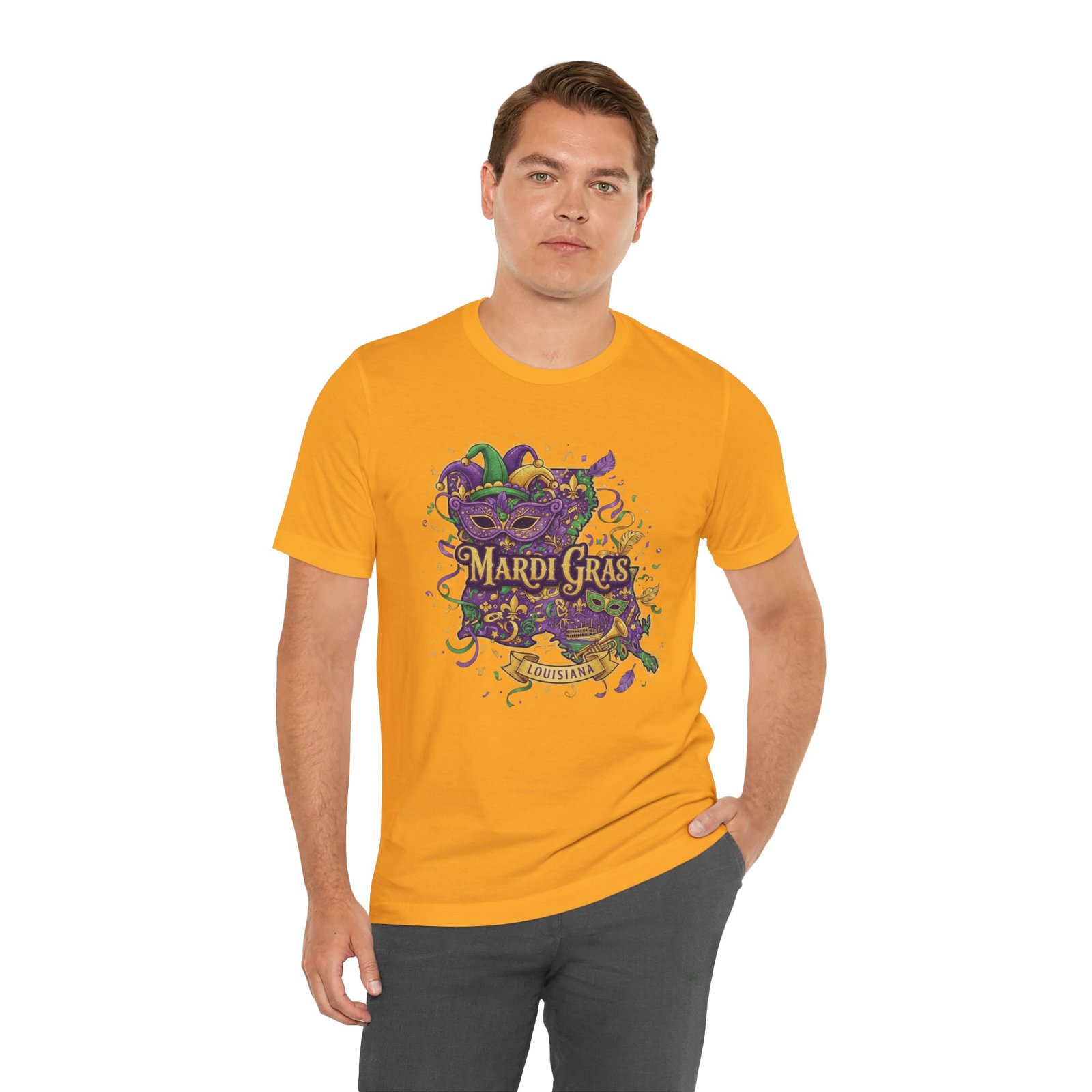 Louisiana Mardi Gras State Silhouette T-Shirt | Purple Green Gold - Image 65