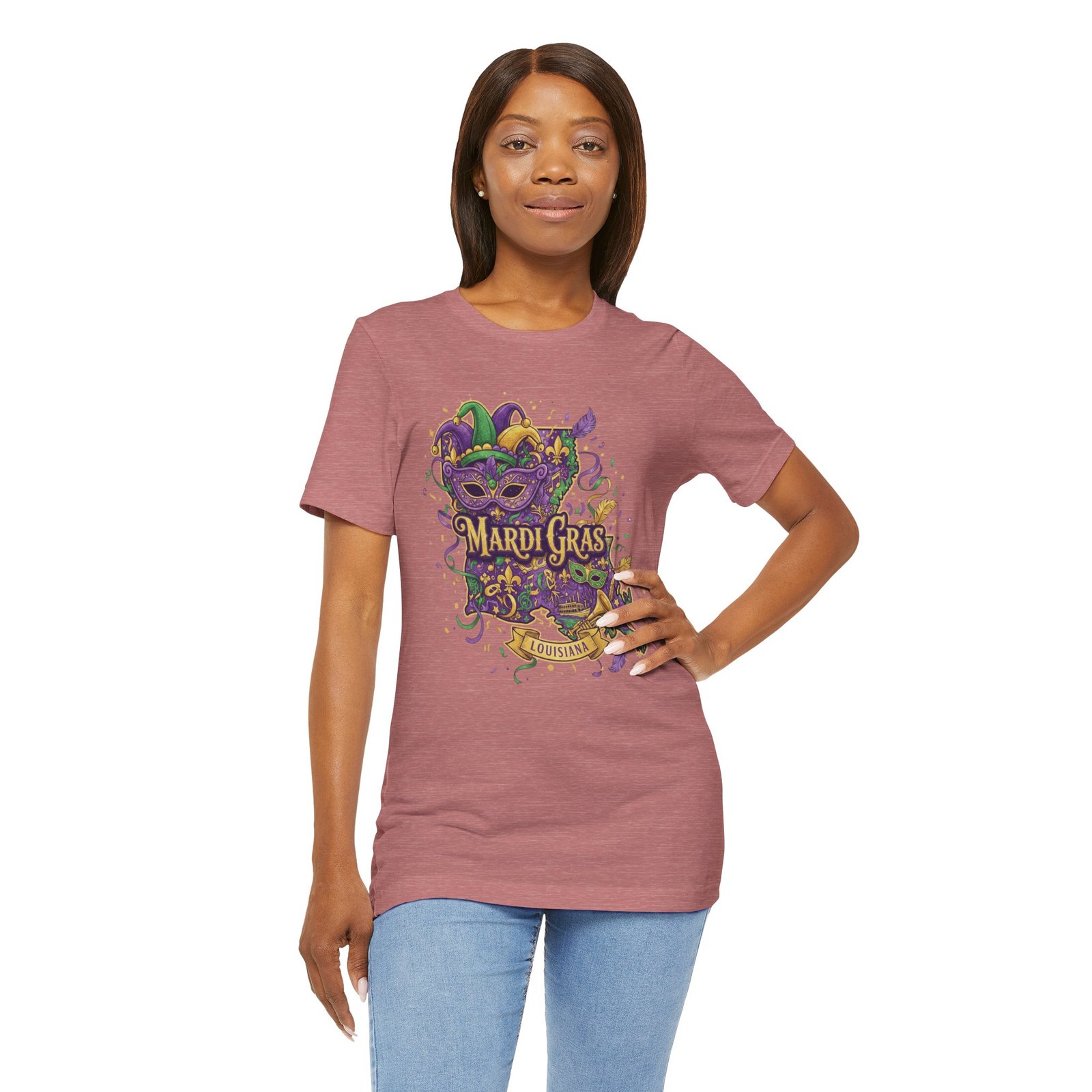 Louisiana Mardi Gras State Silhouette T-Shirt | Purple Green Gold - Image 18