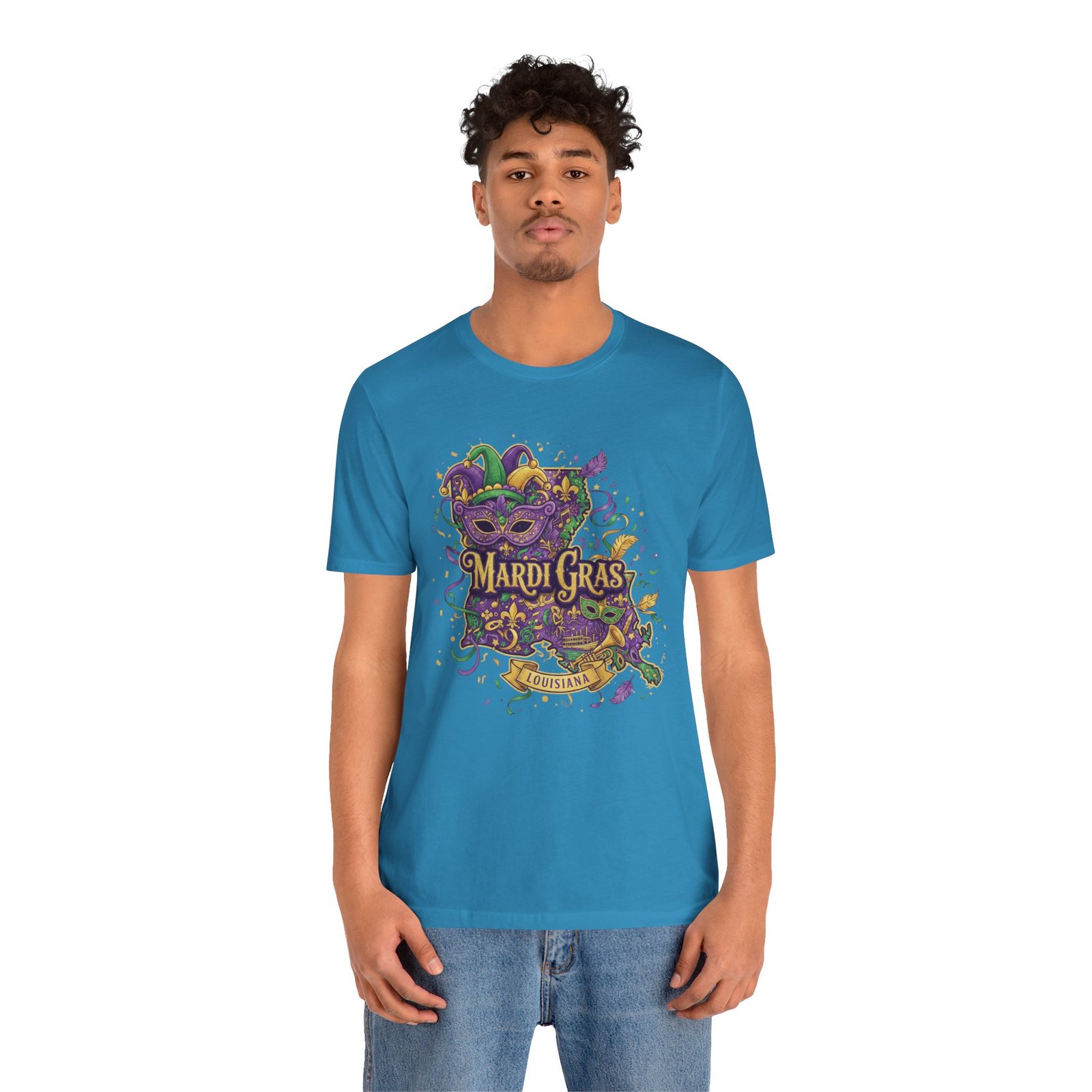 Louisiana Mardi Gras State Silhouette T-Shirt | Purple Green Gold - Image 121