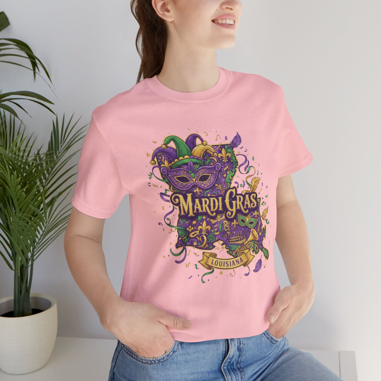 Louisiana Mardi Gras State Silhouette T-Shirt | Purple Green Gold - Image 226
